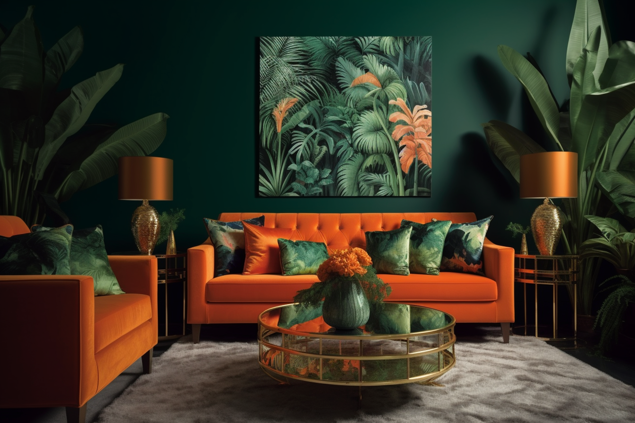 8. Green and Orange Tropical Scheme. A lounge area that's playing tropical rainforest dress-up.