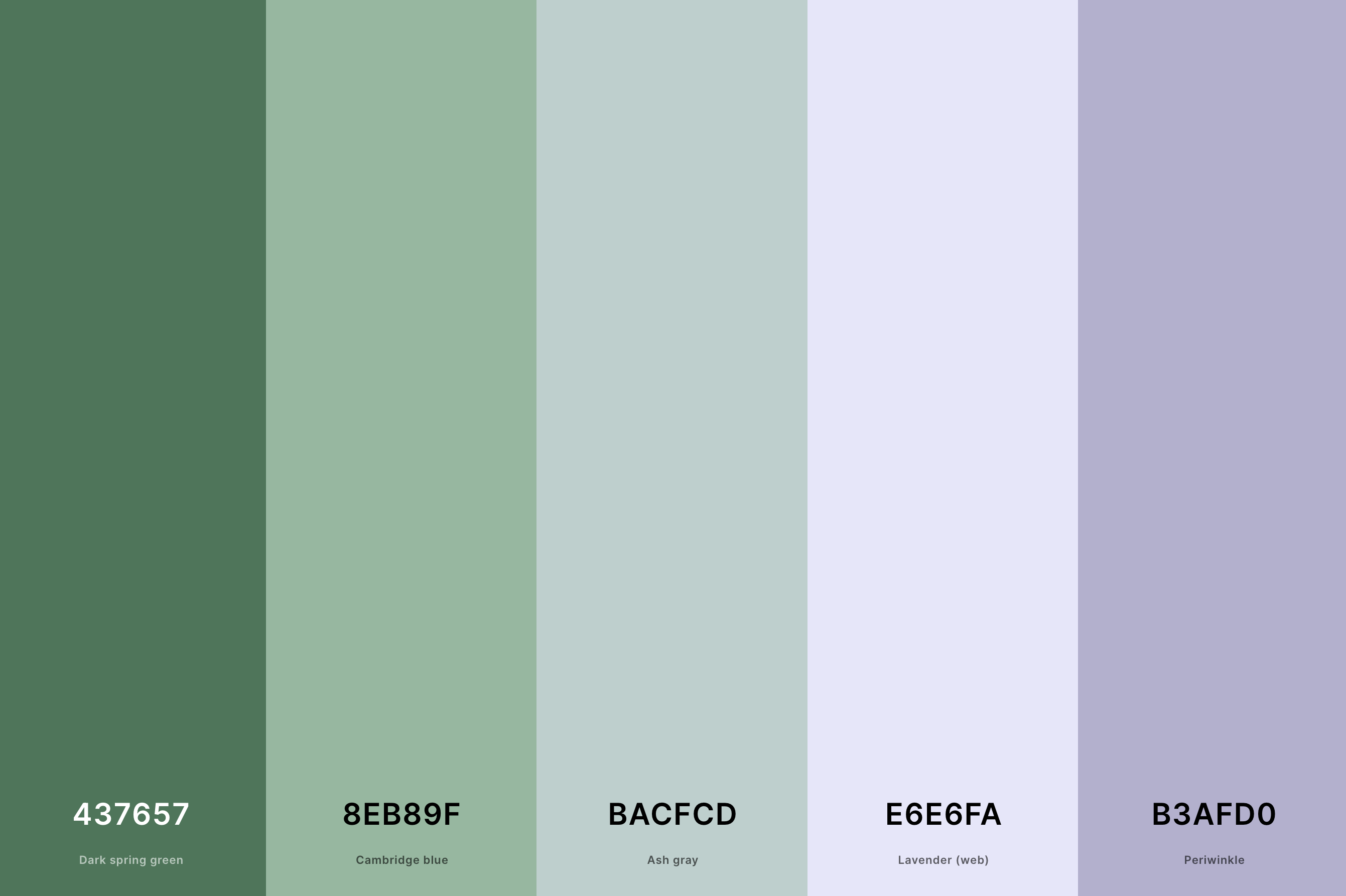 8. Lavender And Green Color Palette Color Palette with Dark Spring Green (Hex #437657) + Cambridge Blue (Hex #8EB89F) + Ash Gray (Hex #BACFCD) + Lavender (Web) (Hex #E6E6FA) + Periwinkle (Hex #B3AFD0) Color Palette with Hex Codes