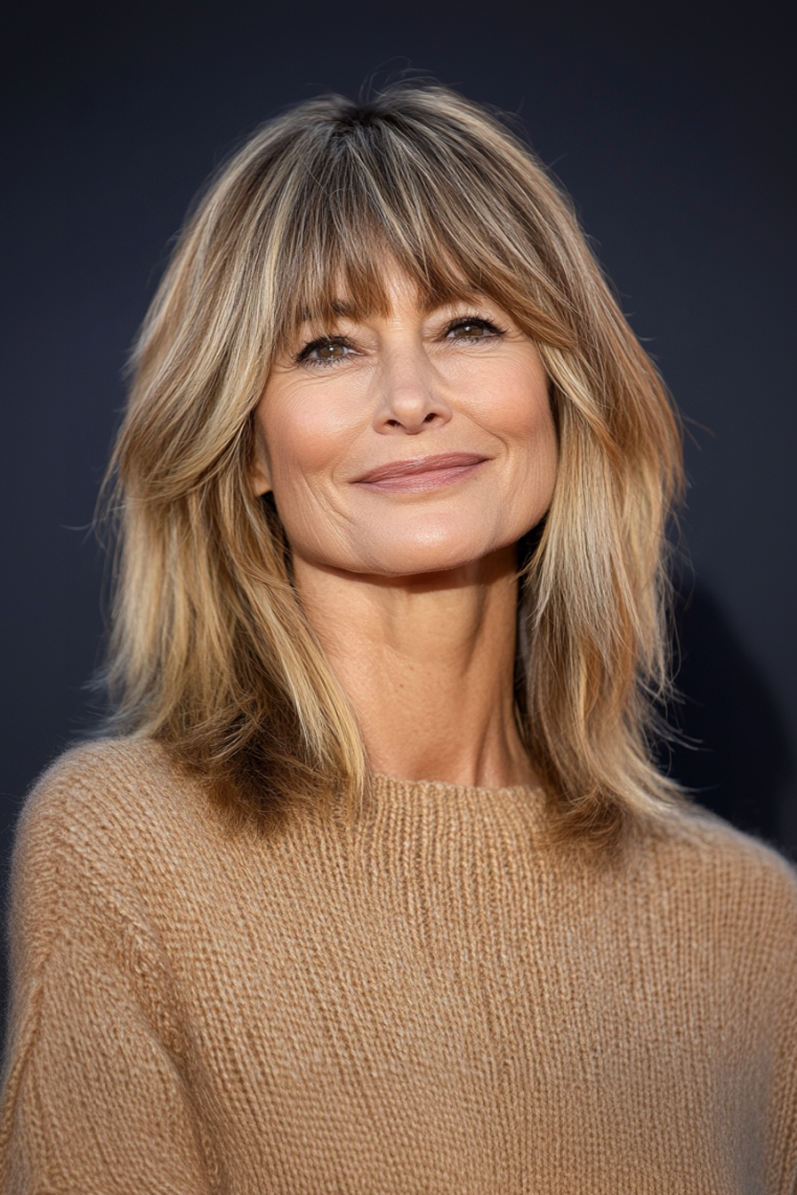 8. Layered Midi Cut with Side Fringe in Honey Caramel (Haircuts For Women Over 60 With Bangs) - Haircuts For Women Over 60 With Bangs