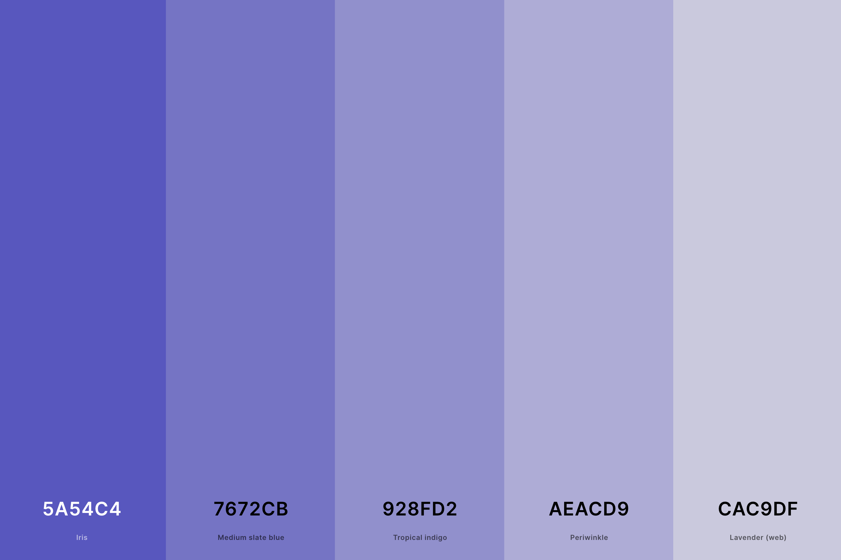 8. Light Indigo Color Palette Color Palette with Iris (Hex #5A54C4) + Medium Slate Blue (Hex #7672CB) + Tropical Indigo (Hex #928FD2) + Periwinkle (Hex #AEACD9) + Lavender (Web) (Hex #CAC9DF) Color Palette with Hex Codes