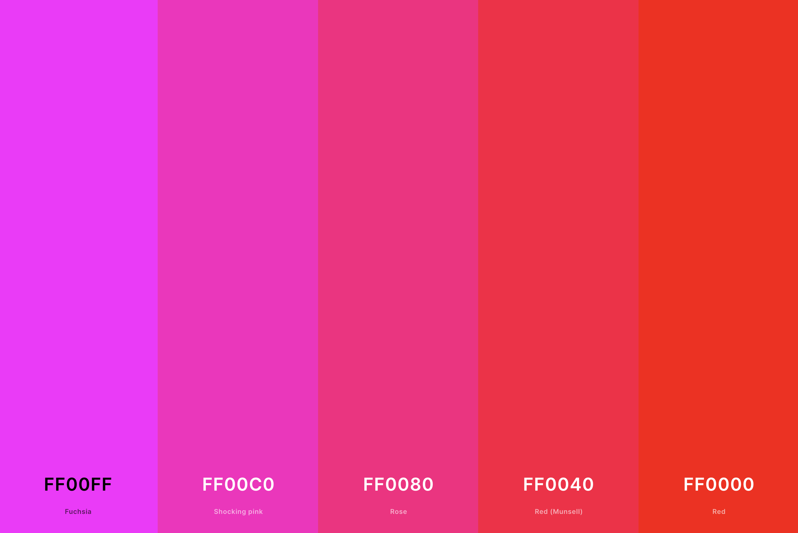 8. Magenta Red Color Palette Color Palette with Magenta (Hex #FF00FF) + Shocking Pink (Hex #FF00C0) + Rose (Hex #FF0080) + Red (Munsell) (Hex #FF0040) + Red (Hex #FF0000) Color Palette with Hex Codes