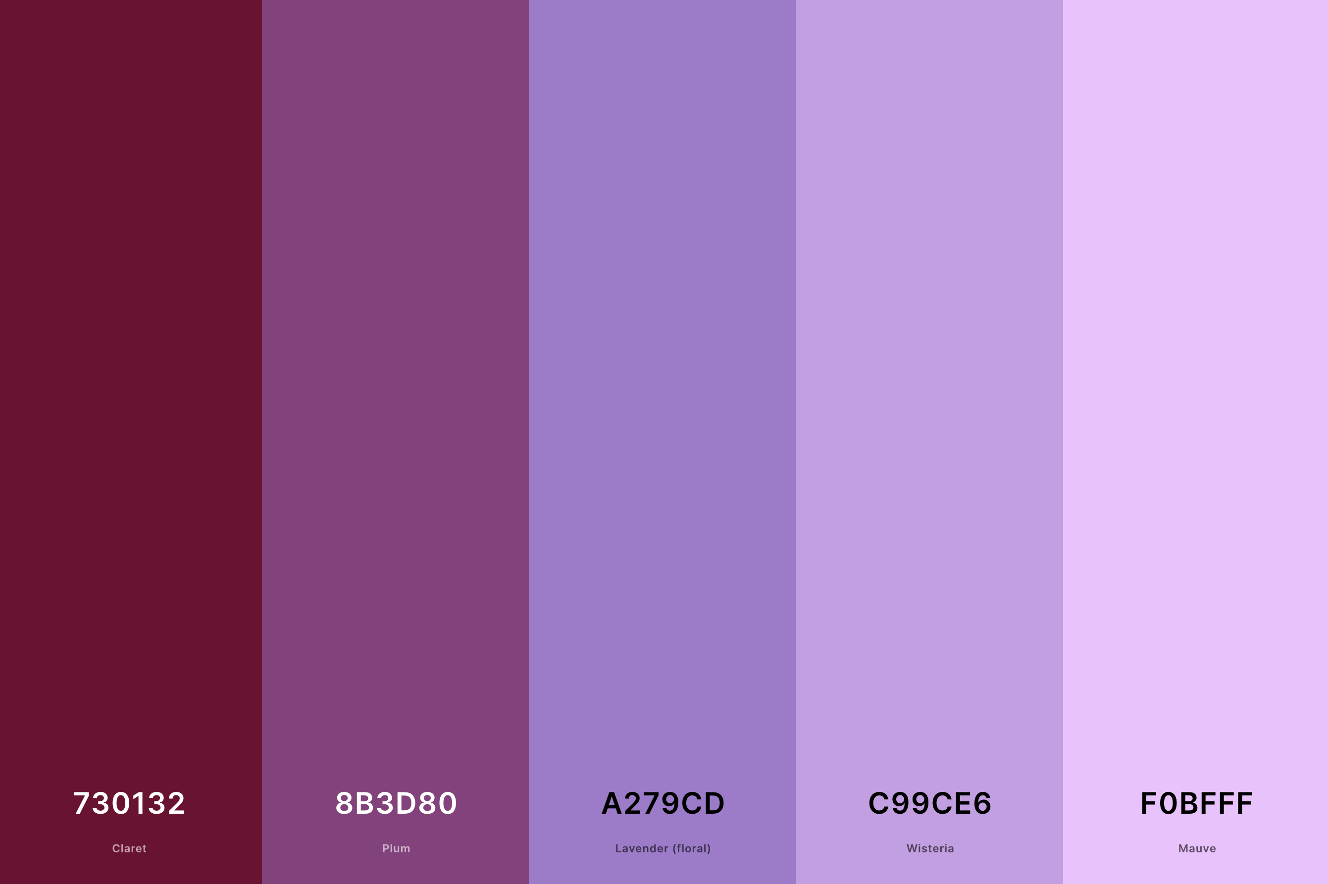 8. Mauve Purple Color Palette Color Palette with Claret (Hex #730132) + Plum (Hex #8B3D80) + Lavender (Floral) (Hex #A279CD) + Wisteria (Hex #C99CE6) + Mauve (Hex #F0BFFF) Color Palette with Hex Codes