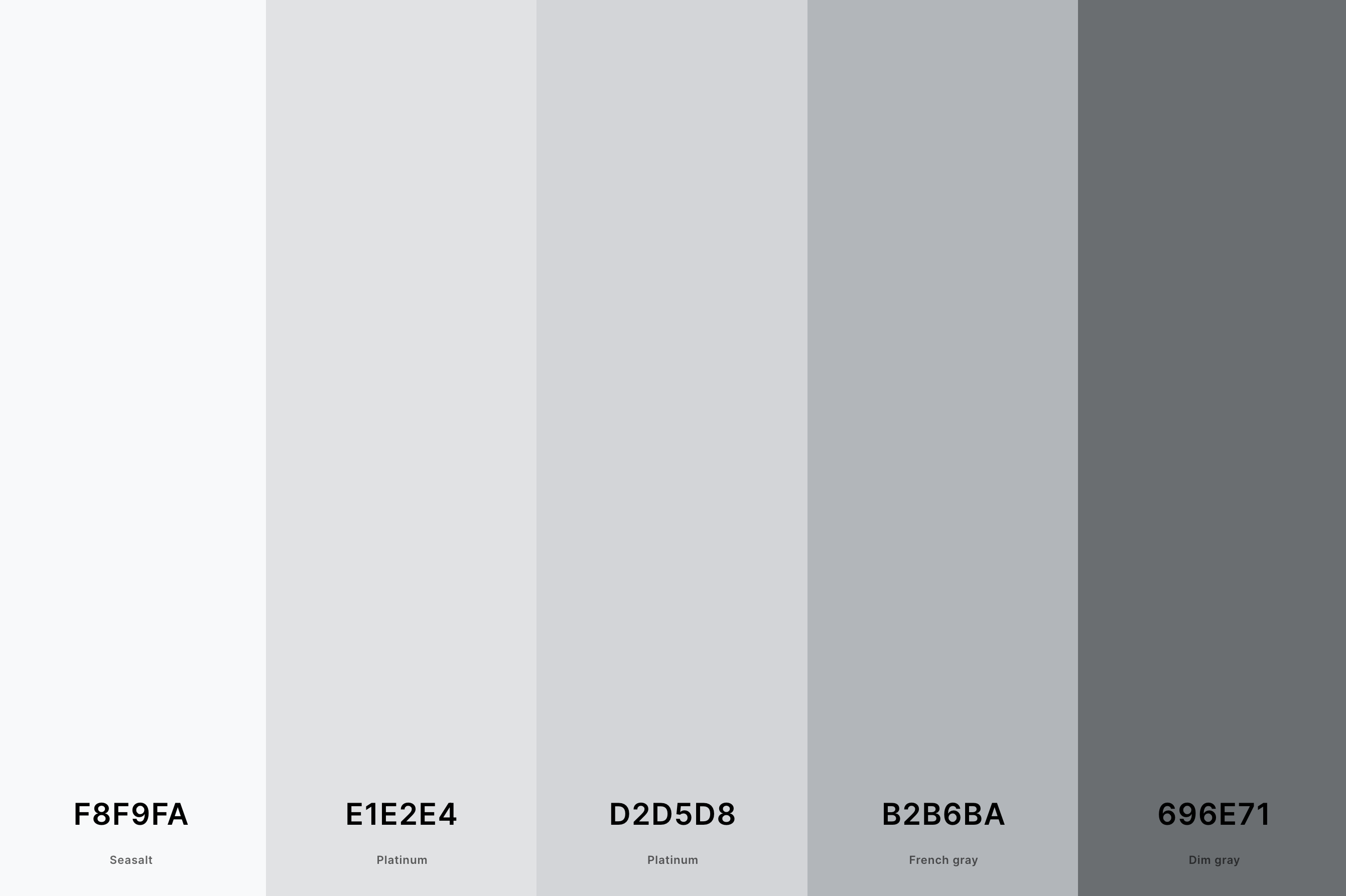 8. Neutral Gray Color Palette Color Palette with Seasalt (Hex #F8F9FA) + Platinum (Hex #E1E2E4) + Platinum (Hex #D2D5D8) + French Gray (Hex #B2B6BA) + Dim Gray (Hex #696E71) Color Palette with Hex Codes