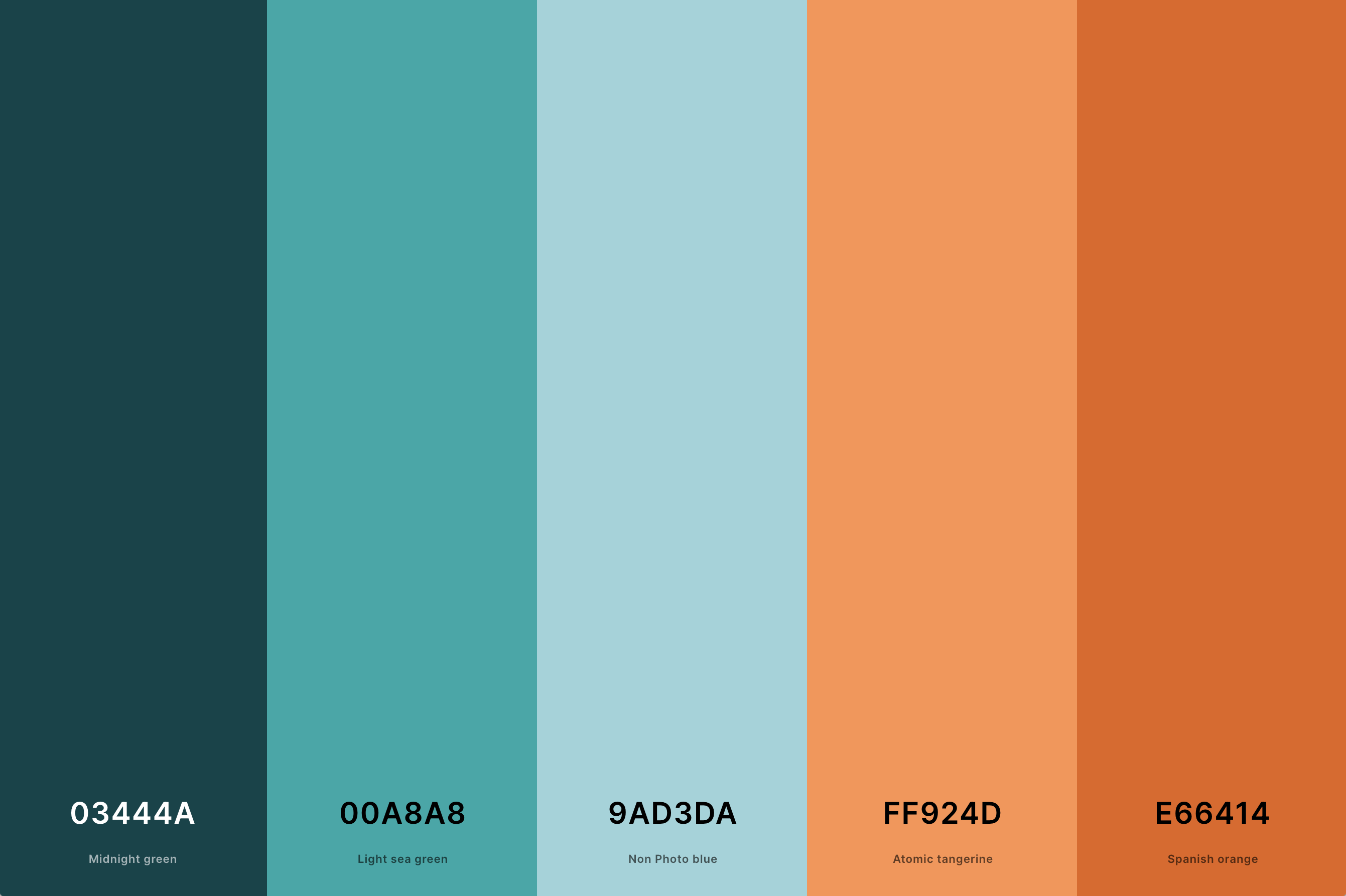 8. Orange And Teal Color Palette Color Palette with Midnight Green (Hex #03444A) + Light Sea Green (Hex #00A8A8) + Non Photo Blue (Hex #9AD3DA) + Atomic Tangerine (Hex #FF924D) + Spanish Orange (Hex #E66414) Color Palette with Hex Codes