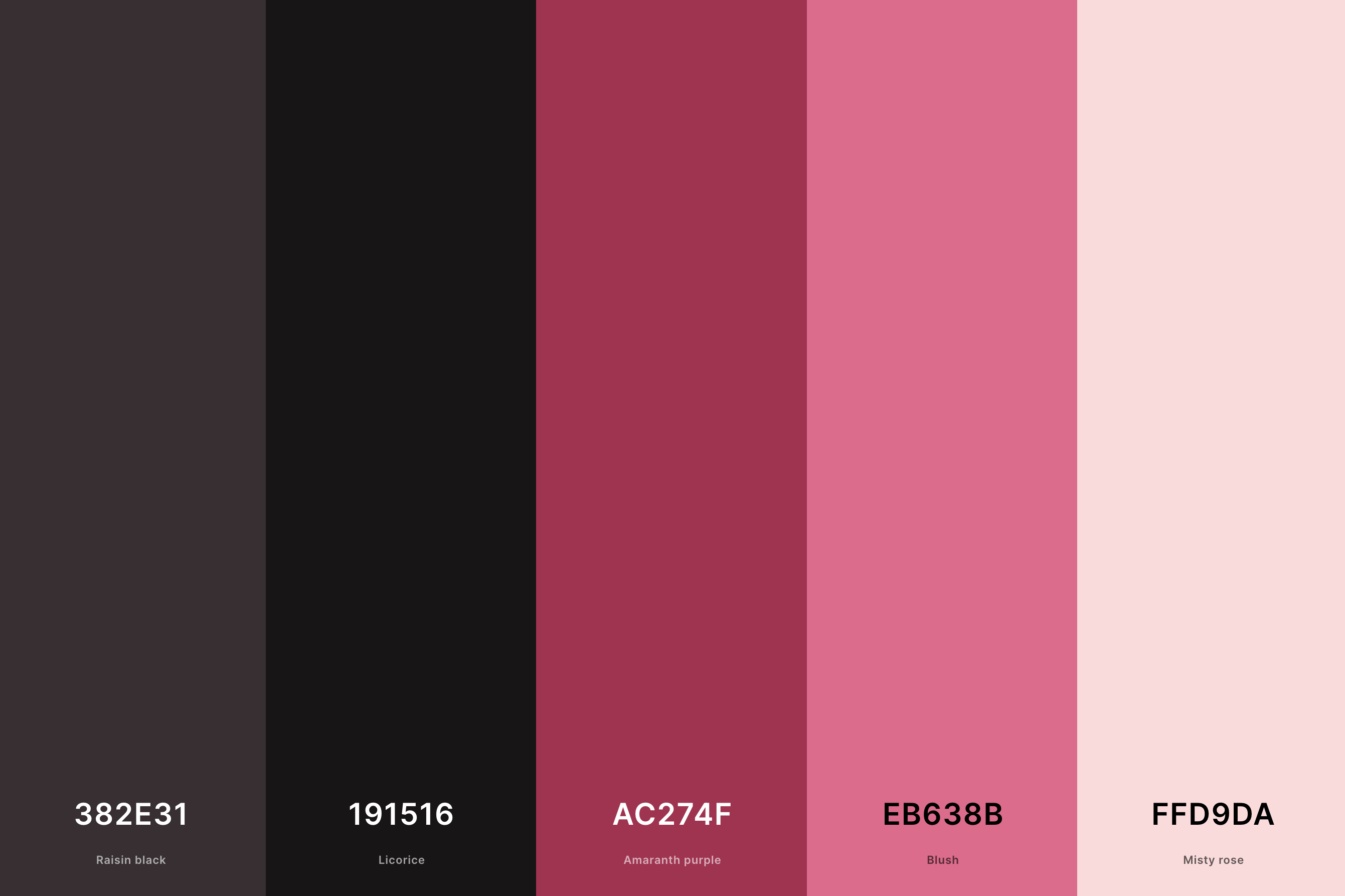 8. Pink And Black Color Palette Color Palette with Raisin Black (Hex #382E31) + Licorice (Hex #191516) + Amaranth Purple (Hex #AC274F) + Blush (Hex #EB638B) + Misty Rose (Hex #FFD9DA) Color Palette with Hex Codes