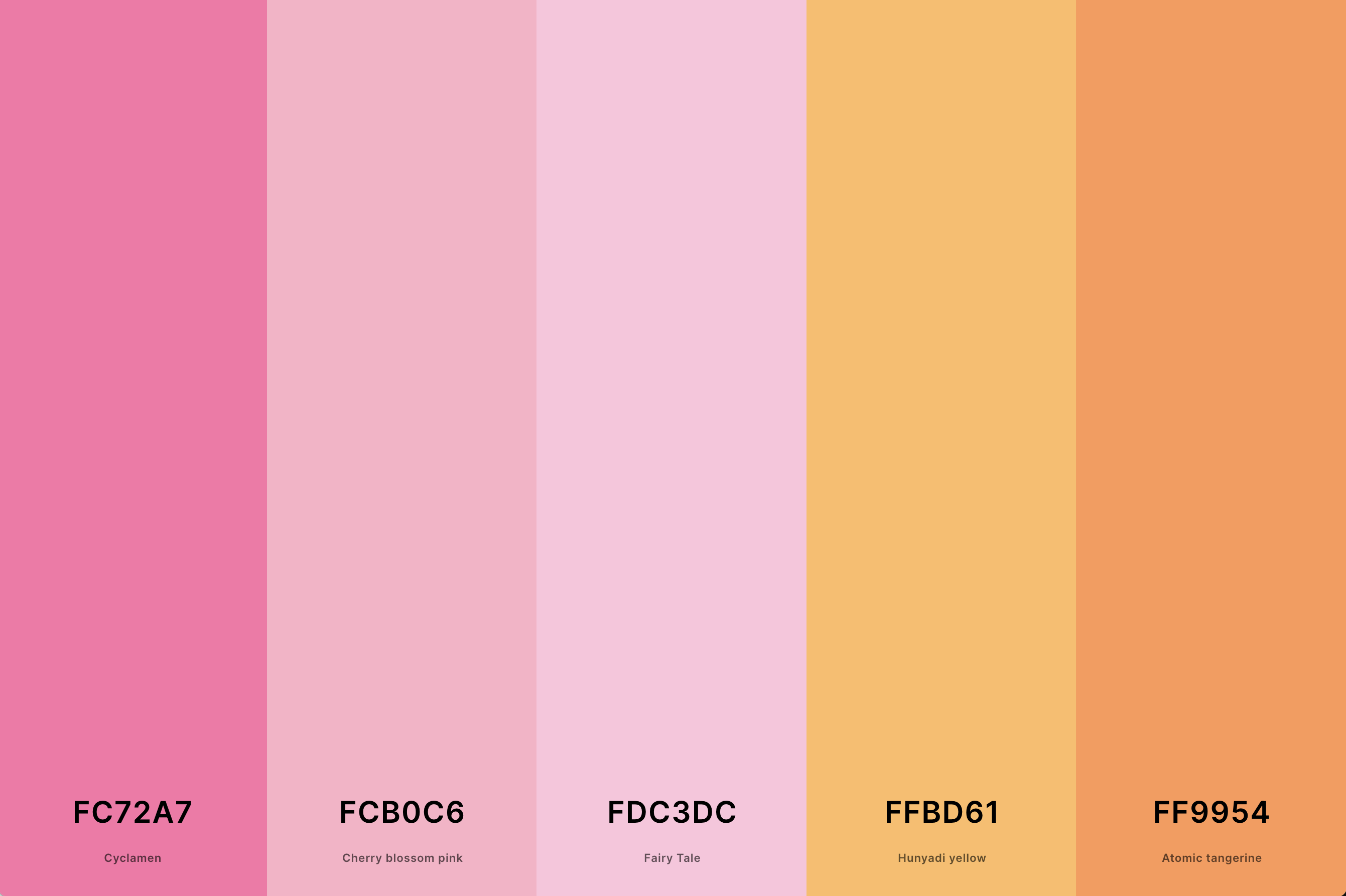 8. Pink And Orange Color Palette Color Palette with Cyclamen (Hex #FC72A7) + Cherry Blossom Pink (Hex #FCB0C6) + Fairy Tale (Hex #FDC3DC) + Hunyadi Yellow (Hex #FFBD61) + Atomic Tangerine (Hex #FF9954) Color Palette with Hex Codes