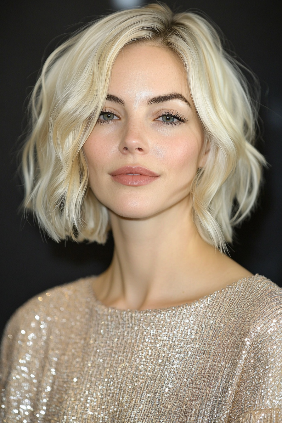 8. Platinum Wavy Bob (Medium Length Wavy Hairstyles) - Medium Length Wavy Hairstyles