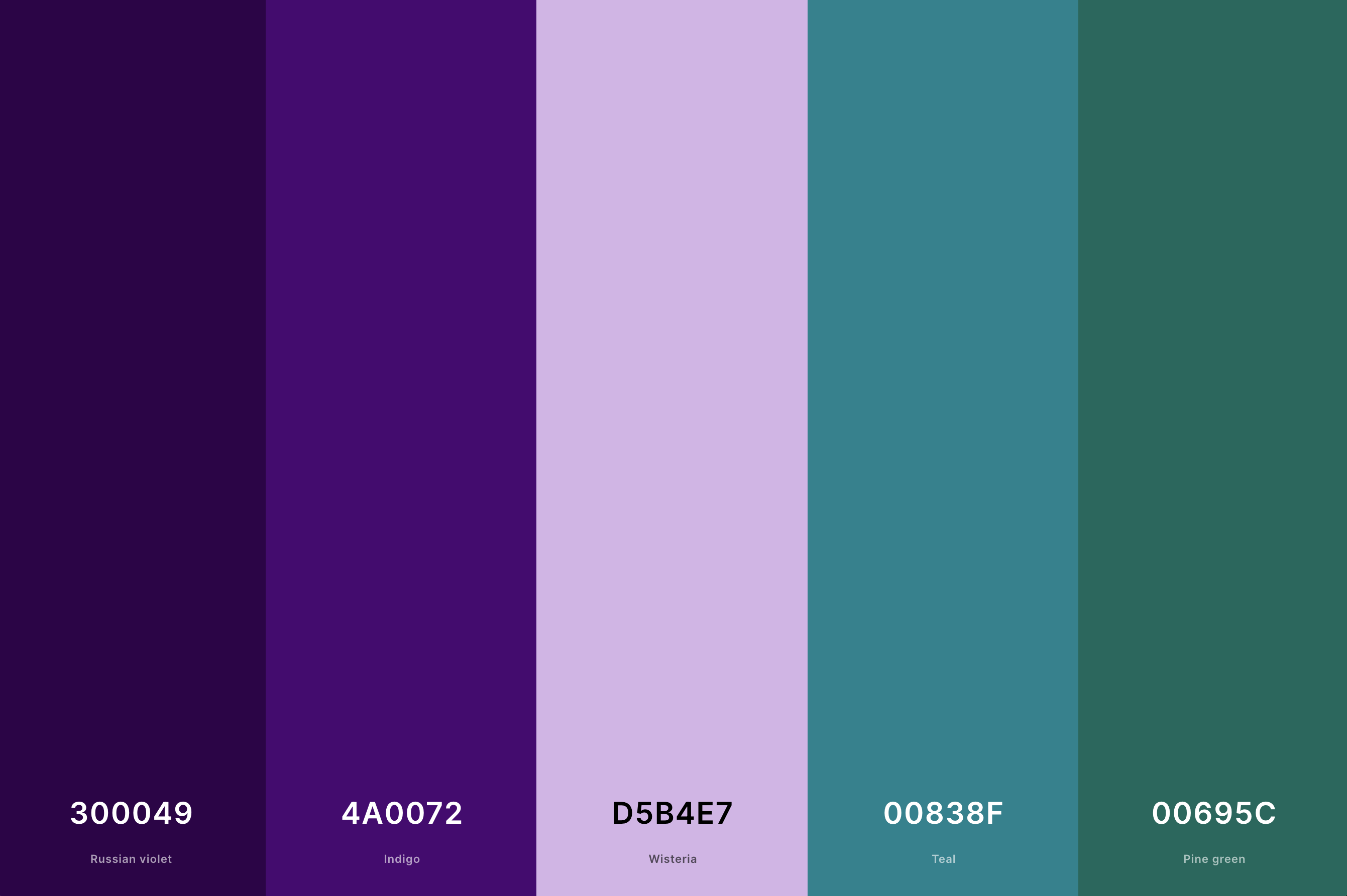 8. Purple And Teal Color Palette Color Palette with Russian Violet (Hex #300049) + Indigo (Hex #4A0072) + Wisteria (Hex #D5B4E7) + Teal (Hex #00838F) + Pine Green (Hex #00695C) Color Palette with Hex Codes