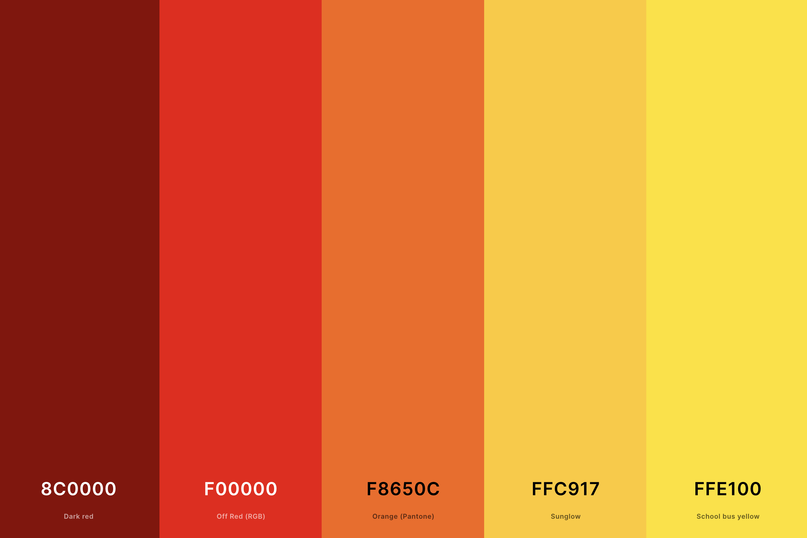 8. Red And Yellow Color Palette Color Palette with Dark Red (Hex #8C0000) + Off Red (Rgb) (Hex #F00000) + Orange (Pantone) (Hex #F8650C) + Sunglow (Hex #FFC917) + School Bus Yellow (Hex #FFE100) Color Palette with Hex Codes