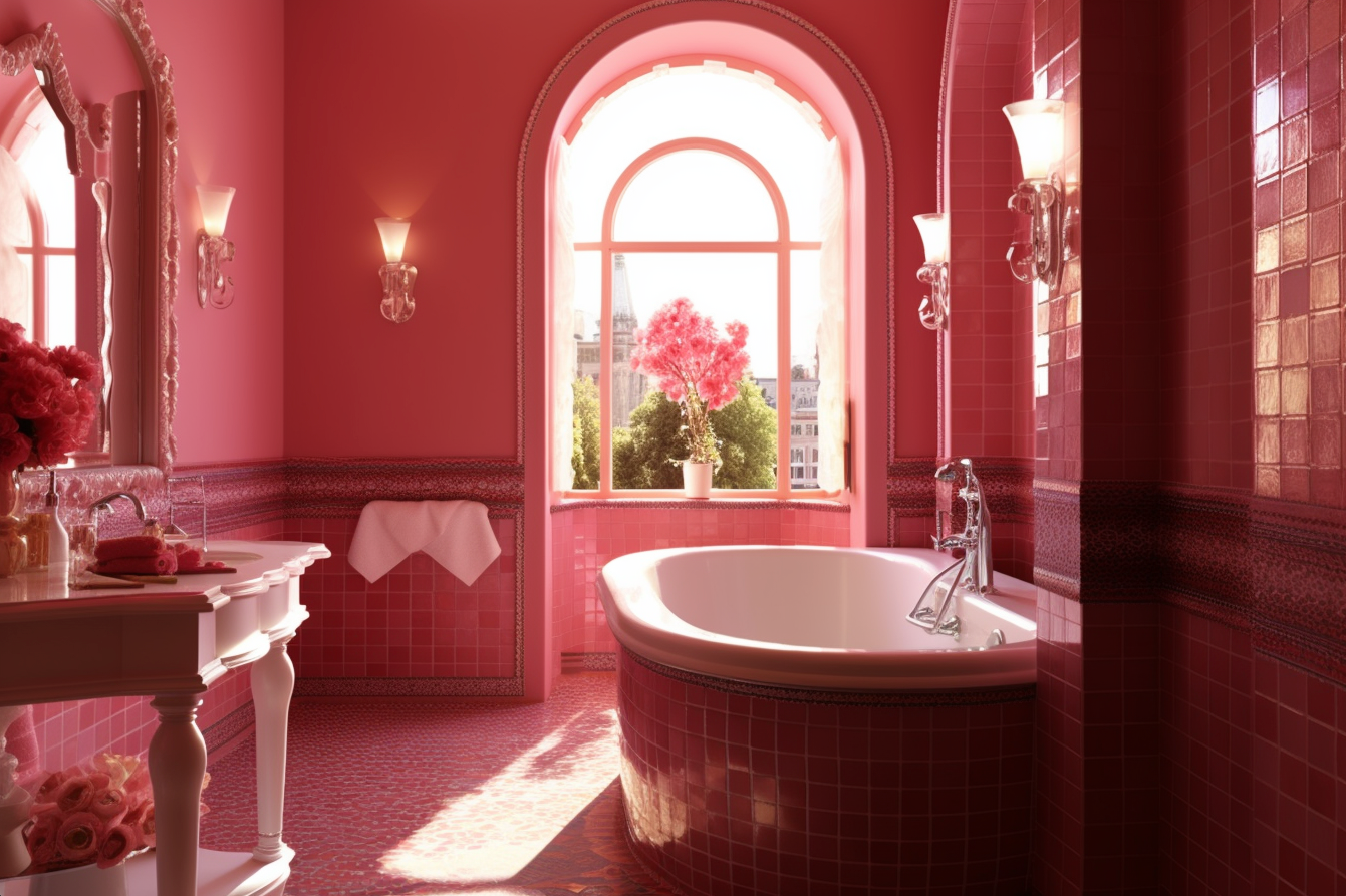 8. Red and Pink Color Scheme - Romantic Bathroom