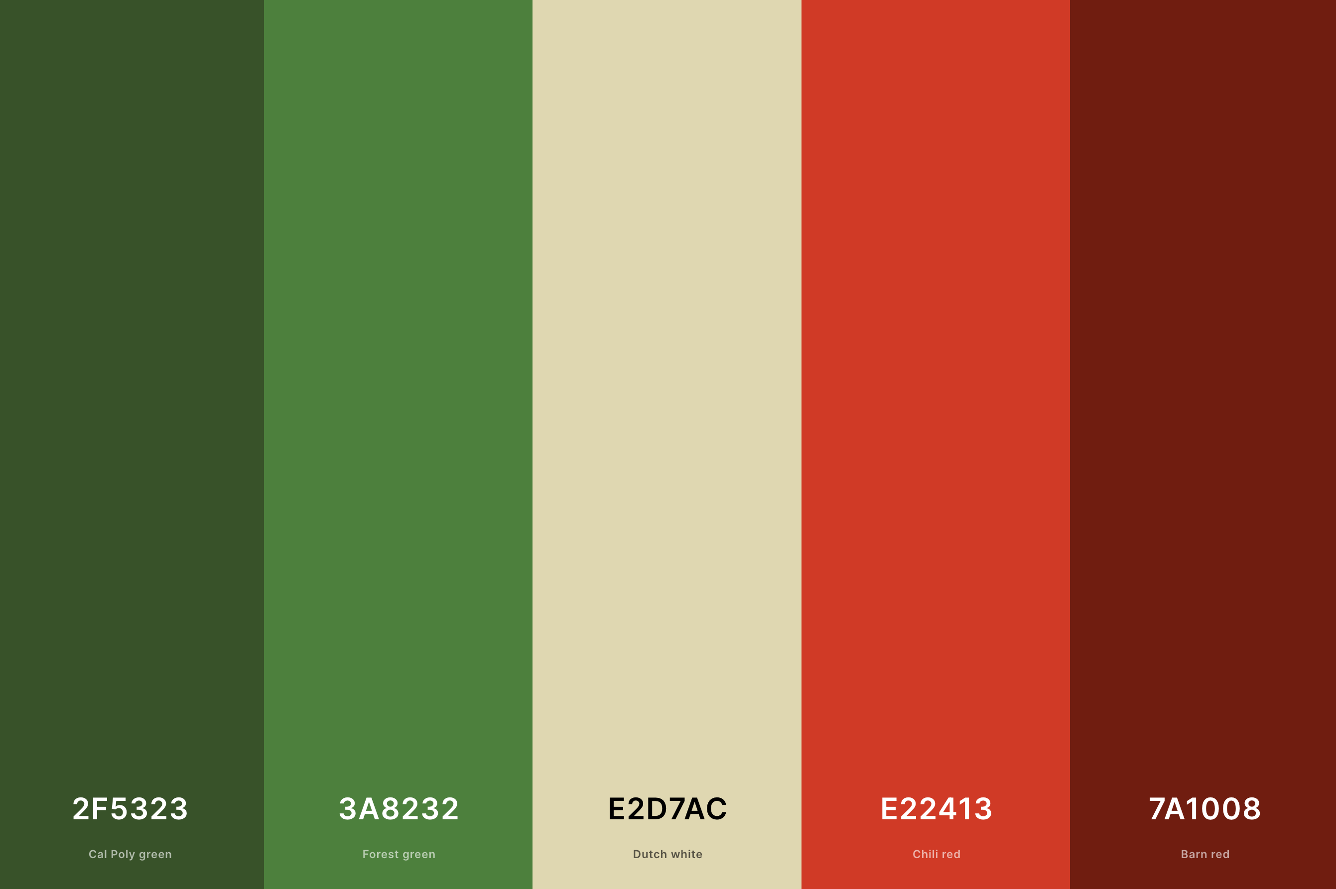 8. Retro Christmas Color Palette Color Palette with Cal Poly Green (Hex #2F5323) + Forest Green (Hex #3A8232) + Dutch White (Hex #E2D7AC) + Chili Red (Hex #E22413) + Barn Red (Hex #7A1008) Color Palette with Hex Codes