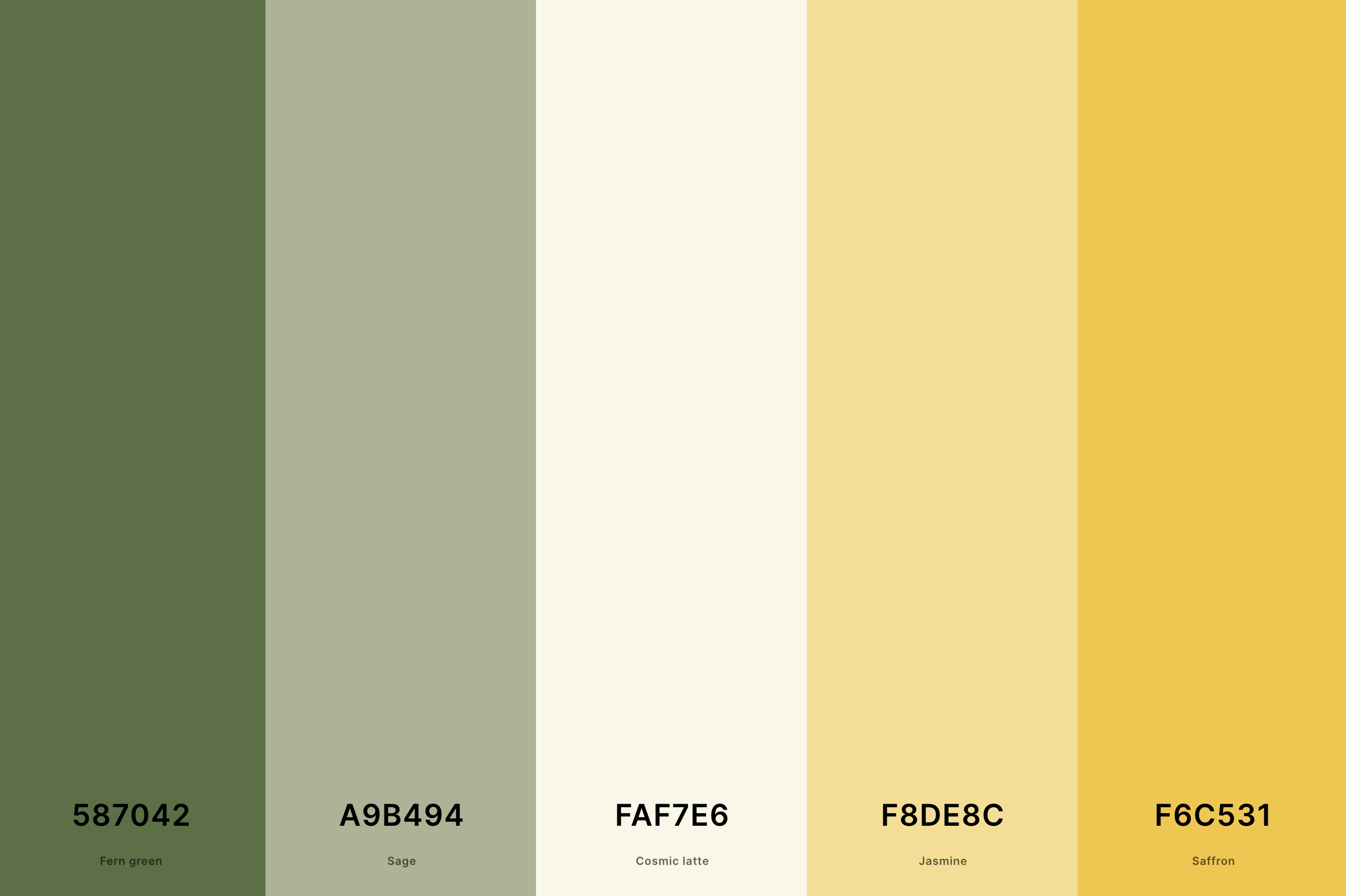 8. Sage Green And Yellow Color Palette Color Palette with Fern Green (Hex #587042) + Sage (Hex #A9B494) + Cosmic Latte (Hex #FAF7E6) + Jasmine (Hex #F8DE8C) + Saffron (Hex #F6C531) Color Palette with Hex Codes