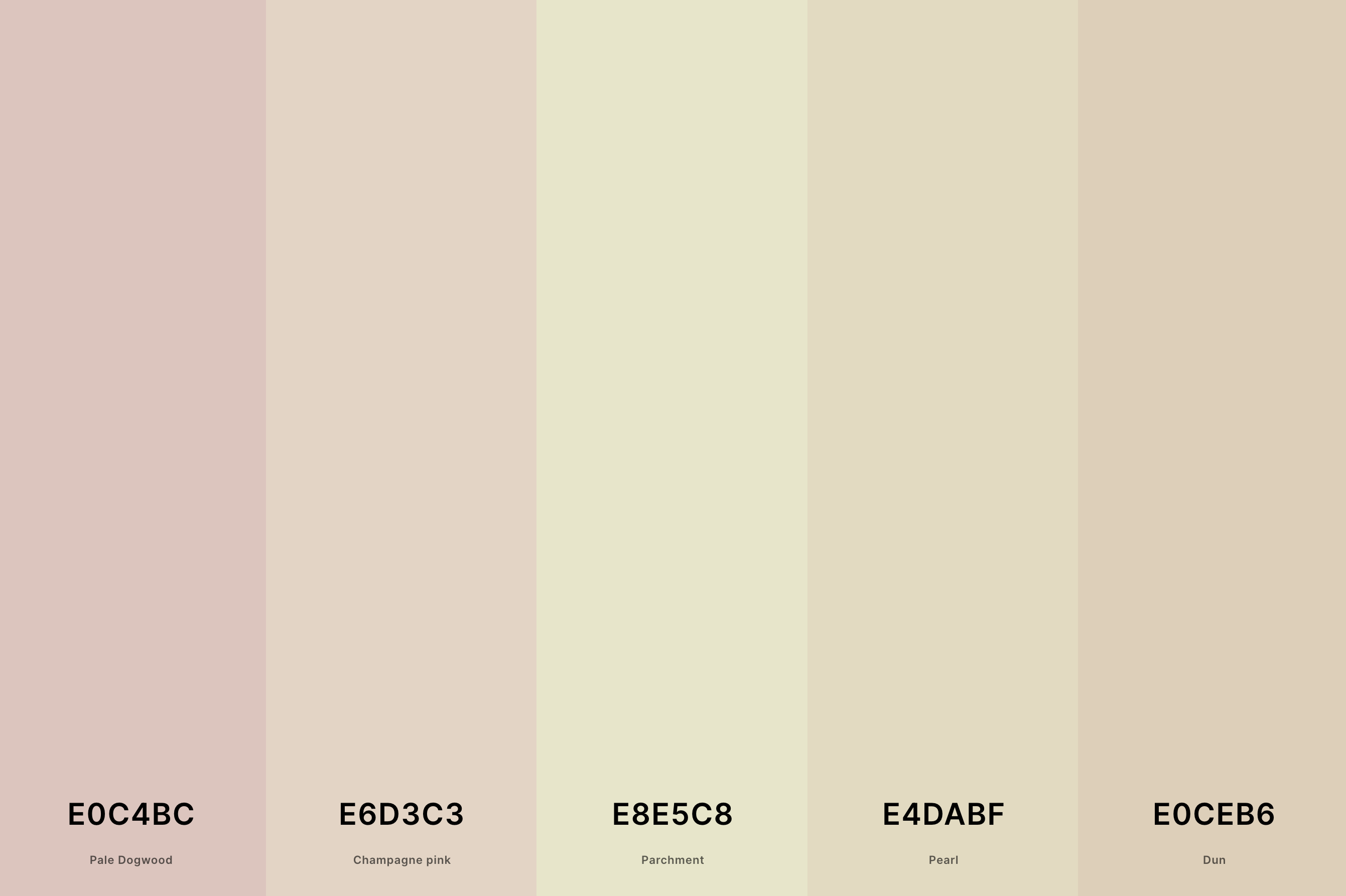 8. Soft Beige Color Palette Color Palette with Pale Dogwood (Hex #E0C4BC) + Champagne Pink (Hex #E6D3C3) + Parchment (Hex #E8E5C8) + Pearl (Hex #E4DABF) + Dun (Hex #E0CEB6) Color Palette with Hex Codes