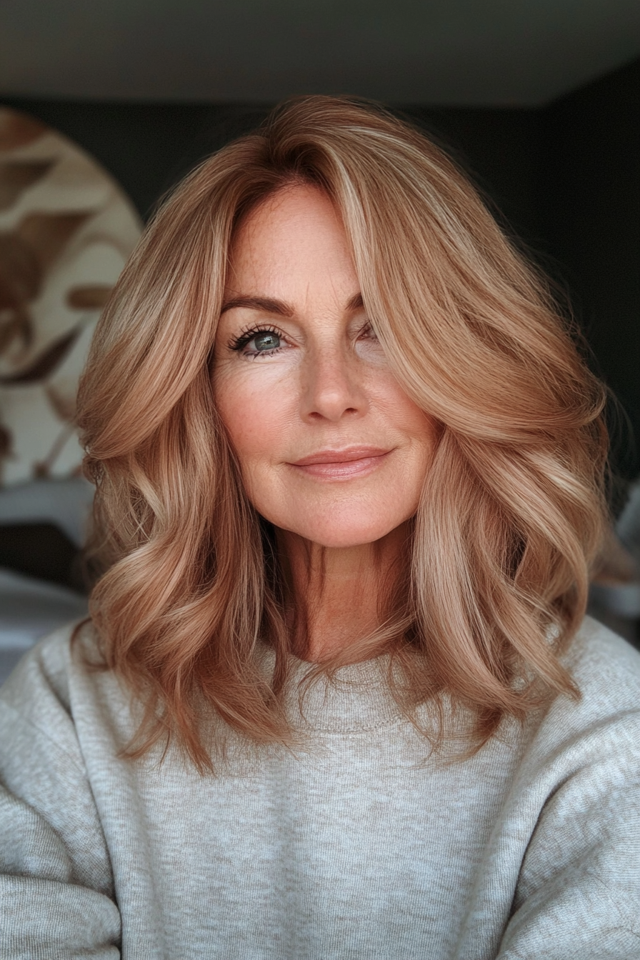 8. Strawberry Blonde Layered Lob (Mid Length Haircuts For Women Over 60) - Mid Length Haircuts For Women Over 60