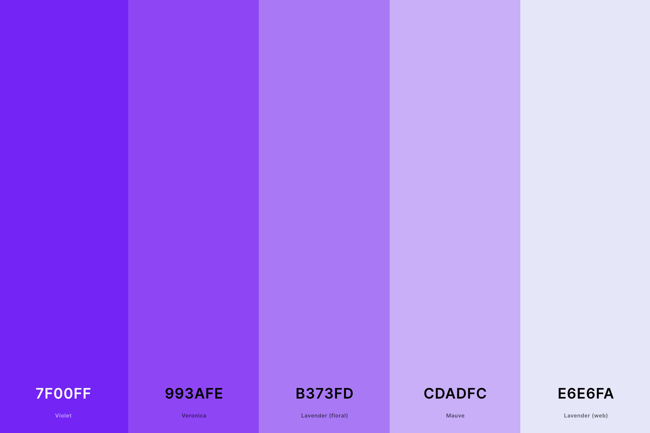 8. Violet And Lavender Color Palette Color Palette with Violet (Hex #7F00FF) + Veronica (Hex #993AFE) + Lavender (Floral) (Hex #B373FD) + Mauve (Hex #CDADFC) + Lavender (Web) (Hex #E6E6FA) Color Palette with Hex Codes