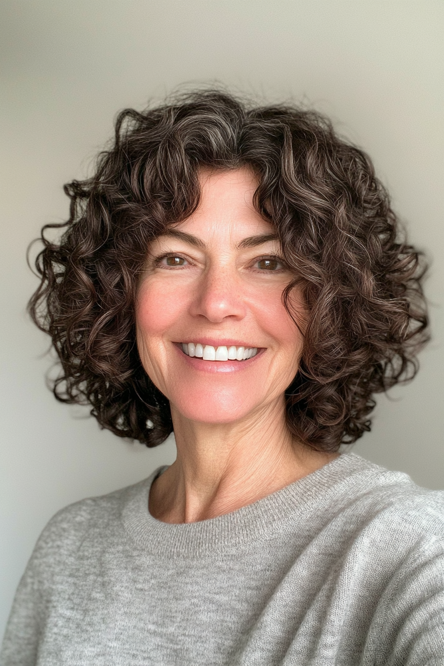 8. Voluminous Curly Crop in Deep Mahogany (Haircut Ideas For Women Over 50) - Haircut Ideas For Women Over 50