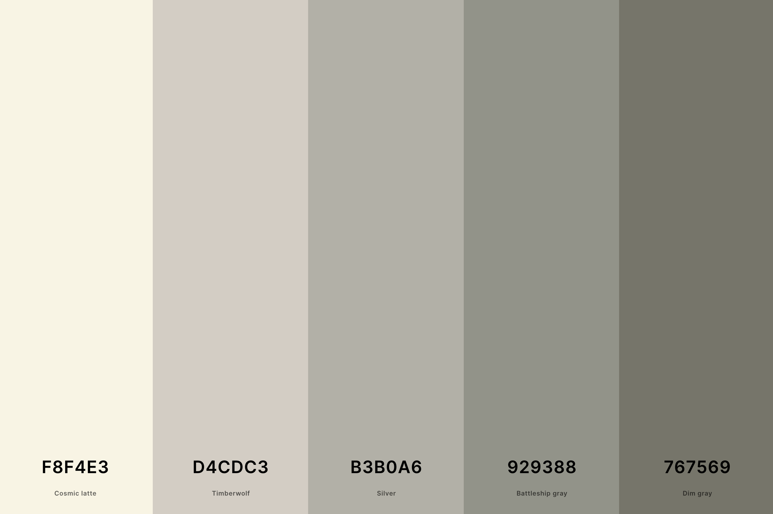 9. Beige And Gray Color Palette Color Palette with Cosmic Latte (Hex #F8F4E3) + Timberwolf (Hex #D4CDC3) + Silver (Hex #B3B0A6) + Battleship Gray (Hex #929388) + Dim Gray (Hex #767569) Color Palette with Hex Codes