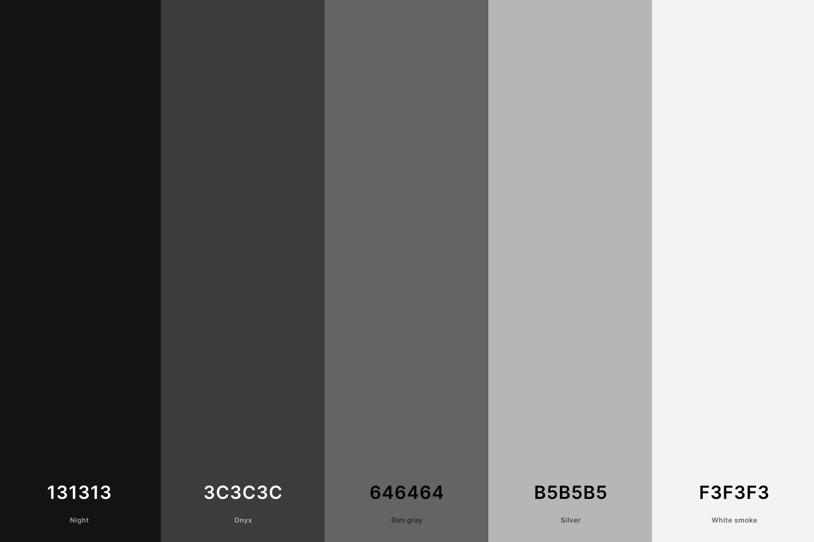 9. Black And Grey Color Palette Color Palette with Night (Hex #131313) + Onyx (Hex #3C3C3C) + Dim Gray (Hex #646464) + Silver (Hex #B5B5B5) + White Smoke (Hex #F3F3F3) Color Palette with Hex Codes