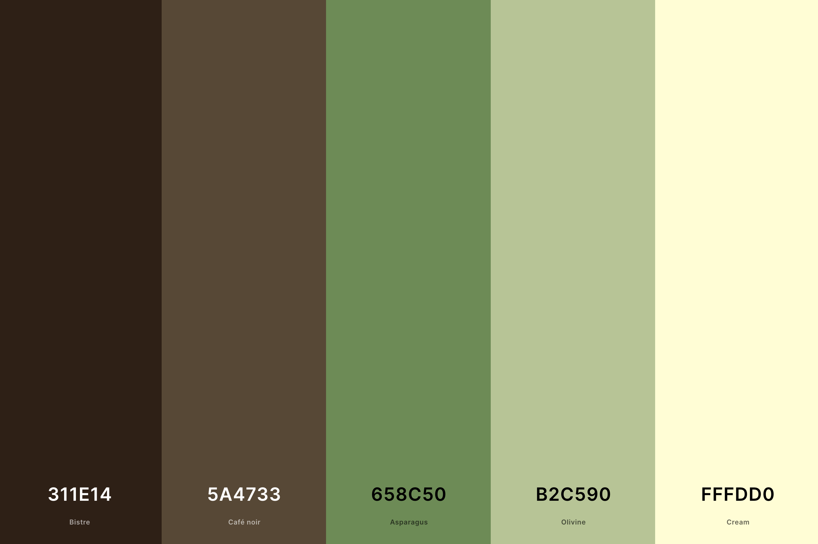 9. Brown, Cream And Green Color Palette Color Palette with Bistre (Hex #311E14) + Café Noir (Hex #5A4733) + Asparagus (Hex #658C50) + Olivine (Hex #B2C590) + Cream (Hex #FFFDD0) Color Palette with Hex Codes
