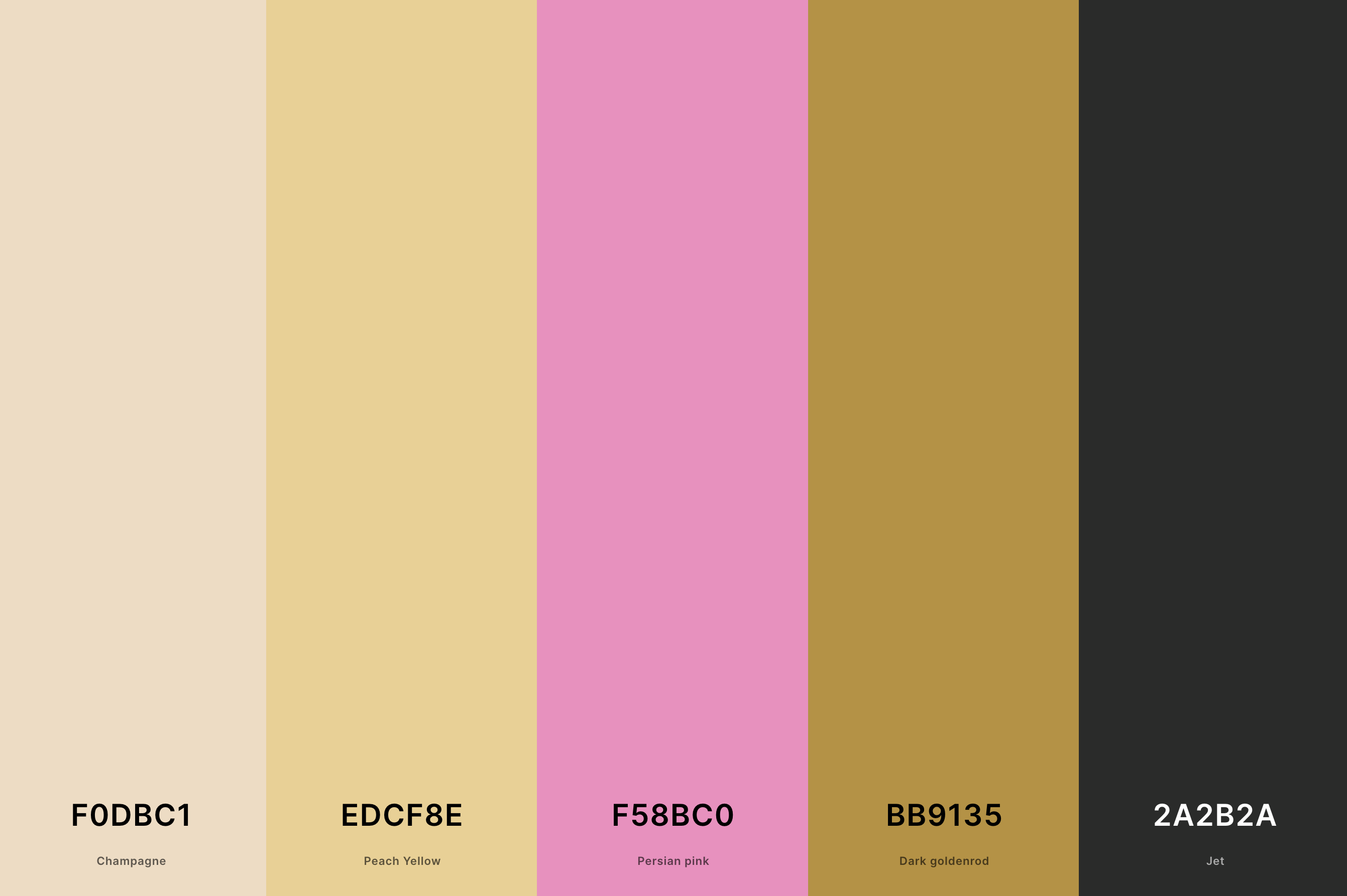 9. Champagne Gold Color Palette Color Palette with Champagne (Hex #F0DBC1) + Peach Yellow (Hex #EDCF8E) + Persian Pink (Hex #F58BC0) + Dark Goldenrod (Hex #BB9135) + Jet (Hex #2A2B2A) Color Palette with Hex Codes