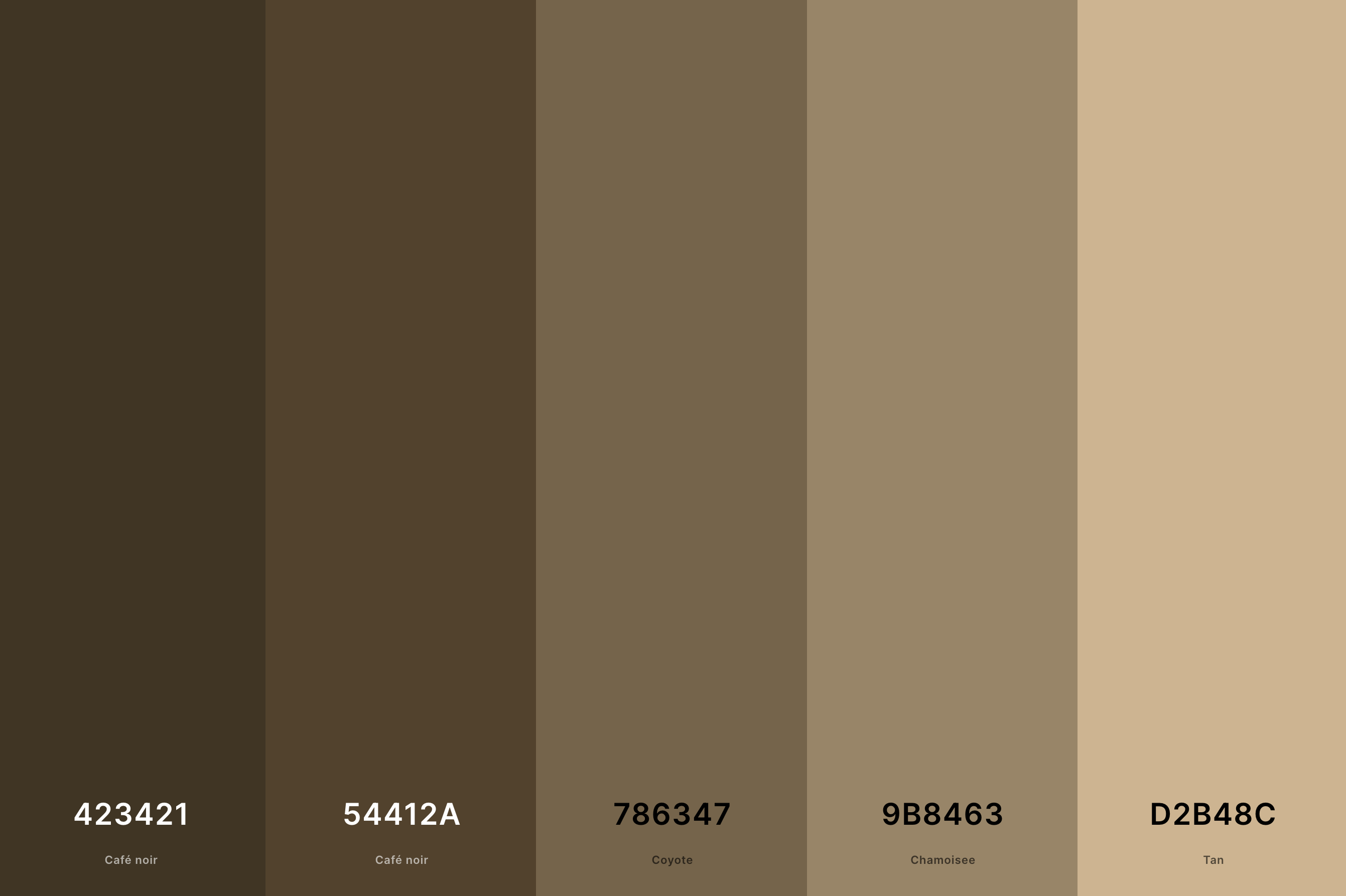9. Dark Tan Color Palette Color Palette with Café Noir (Hex #423421) + Café Noir (Hex #54412A) + Coyote (Hex #786347) + Chamoisee (Hex #9B8463) + Tan (Hex #D2B48C) Color Palette with Hex Codes