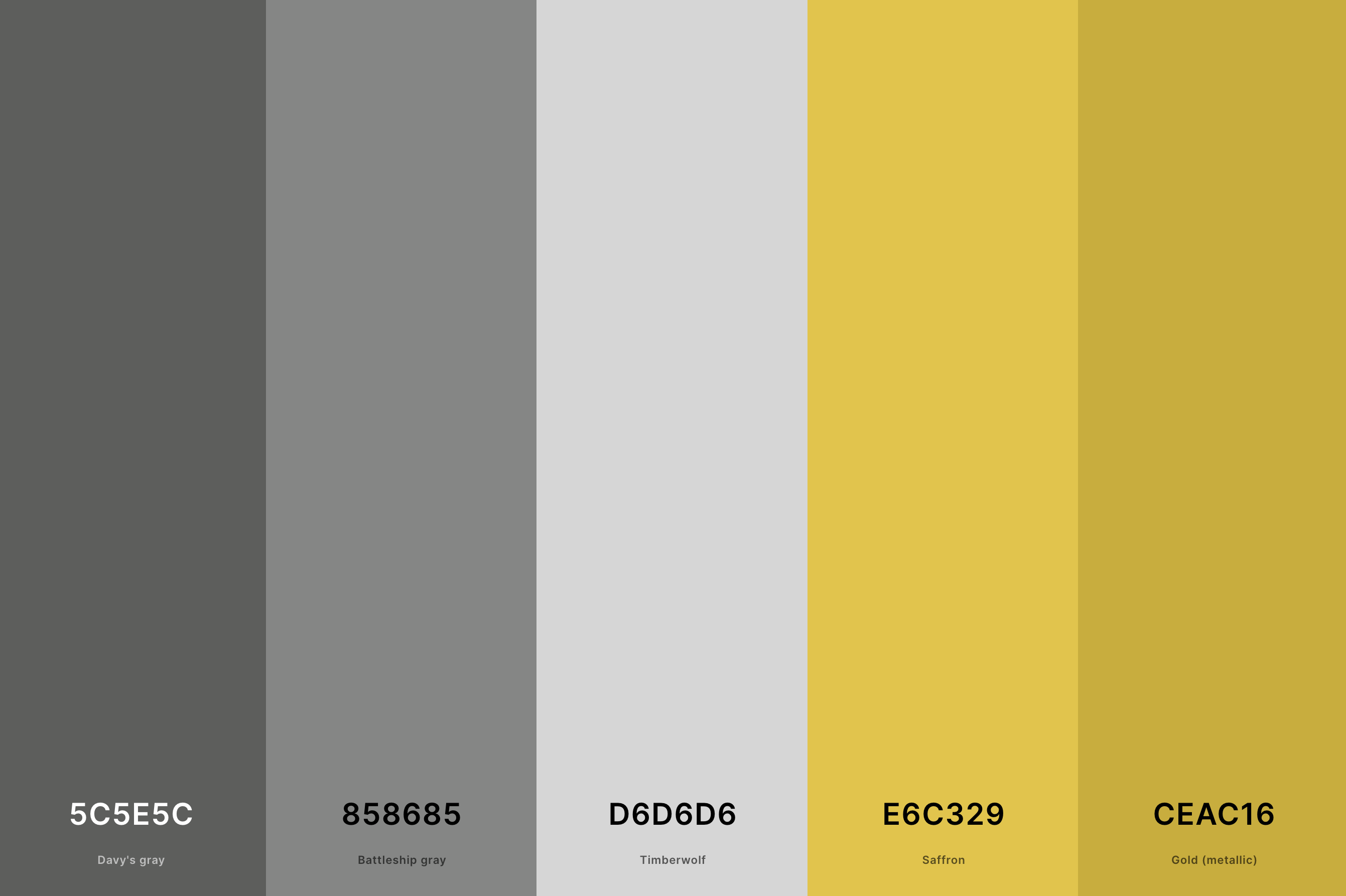 9. Gray And Gold Color Palette Color Palette with Davy'S Gray (Hex #5C5E5C) + Battleship Gray (Hex #858685) + Timberwolf (Hex #D6D6D6) + Saffron (Hex #E6C329) + Gold (Metallic) (Hex #CEAC16) Color Palette with Hex Codes