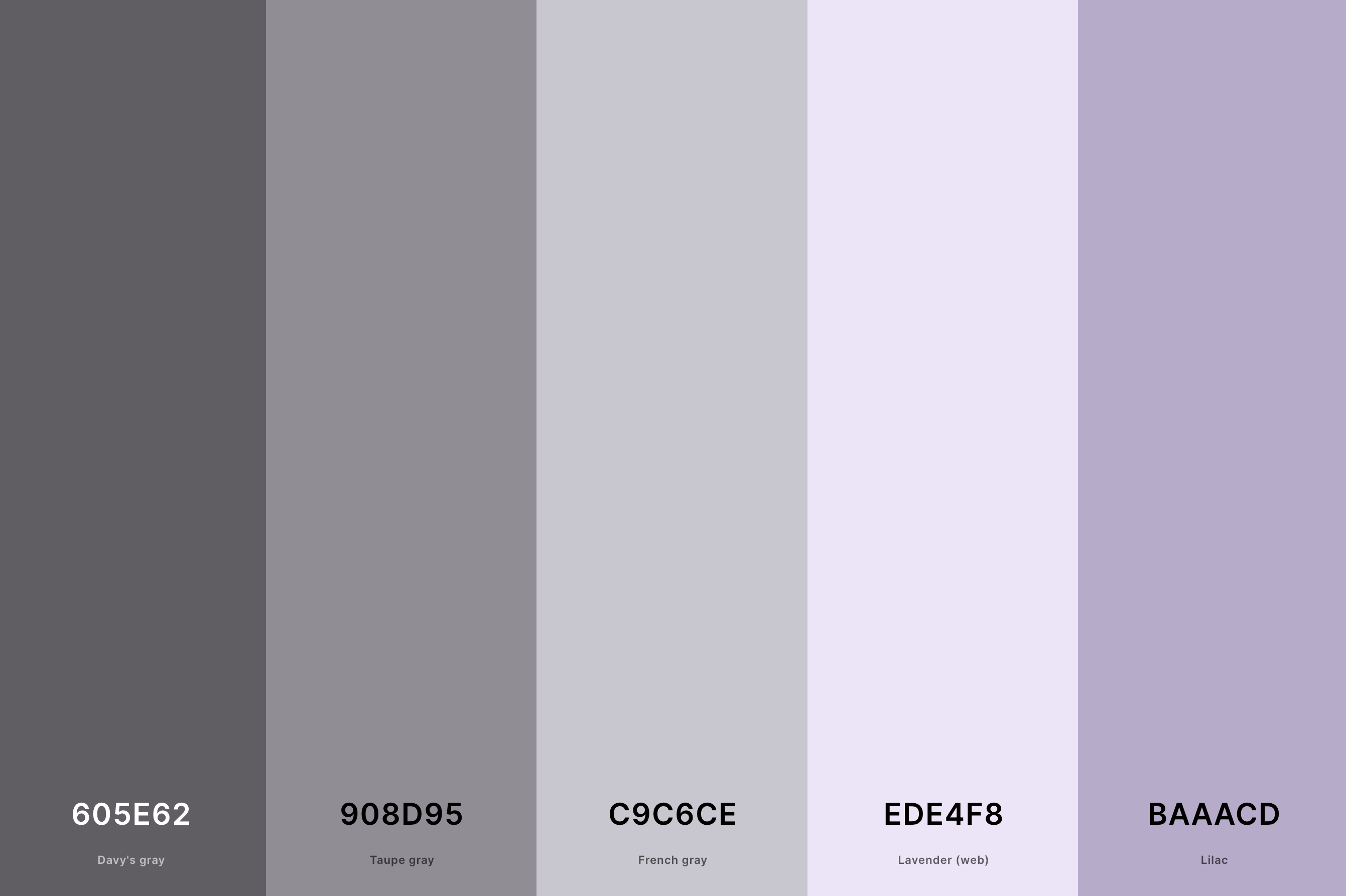 9. Lavender And Grey Color Palette Color Palette with Davy'S Gray (Hex #605E62) + Taupe Gray (Hex #908D95) + French Gray (Hex #C9C6CE) + Lavender (Web) (Hex #EDE4F8) + Lilac (Hex #BAAACD) Color Palette with Hex Codes