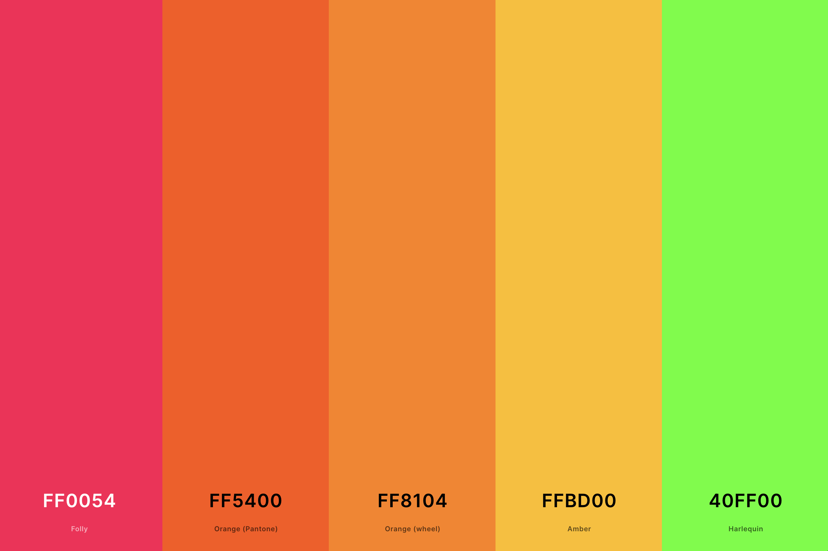 9. Neon Orange Color Palette Color Palette with Folly (Hex #FF0054) + Orange (Pantone) (Hex #FF5400) + Orange (Wheel) (Hex #FF8104) + Amber (Hex #FFBD00) + Harlequin (Hex #40FF00) Color Palette with Hex Codes