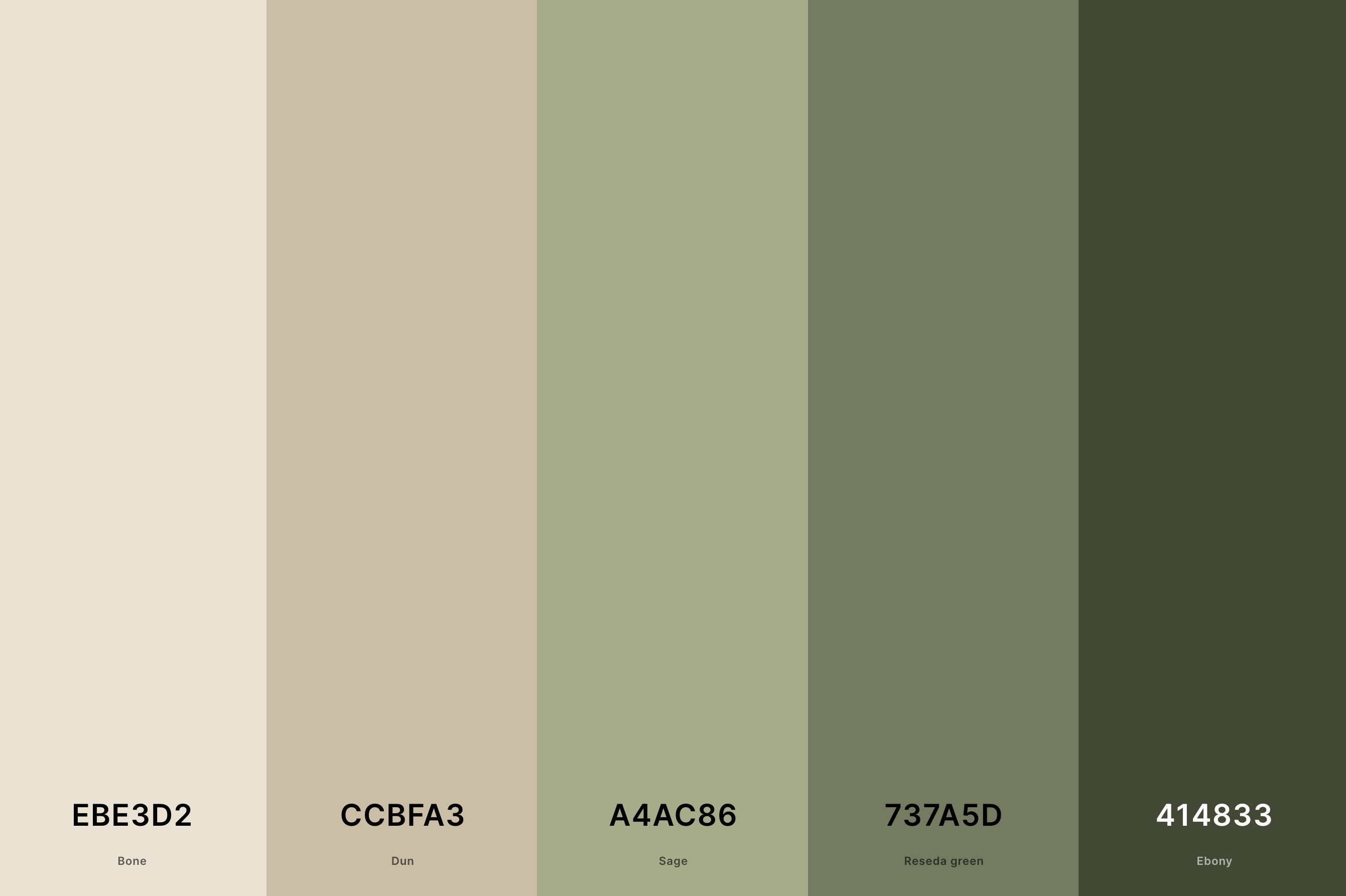 9. Neutral Green Color Palette Color Palette with Bone (Hex #EBE3D2) + Dun (Hex #CCBFA3) + Sage (Hex #A4AC86) + Reseda Green (Hex #737A5D) + Ebony (Hex #414833) Color Palette with Hex Codes