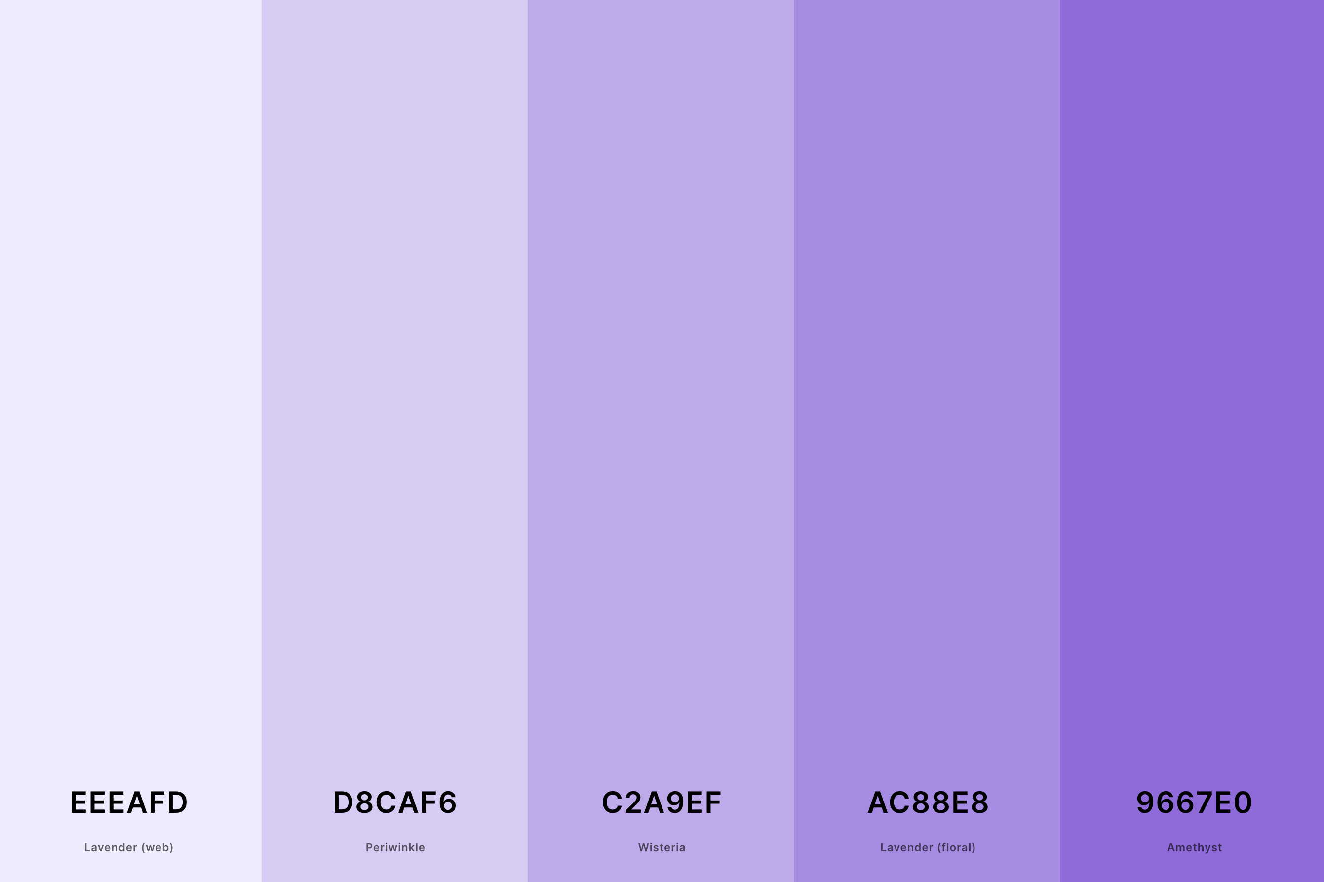 9. Pastel Purple Color Palette Color Palette with Lavender (Web) (Hex #EEEAFD) + Periwinkle (Hex #D8CAF6) + Wisteria (Hex #C2A9EF) + Lavender (Floral) (Hex #AC88E8) + Amethyst (Hex #9667E0) Color Palette with Hex Codes