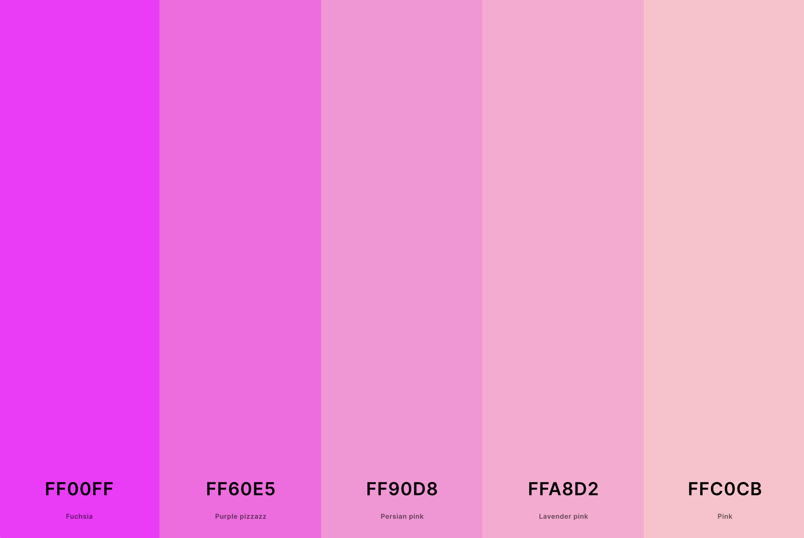 9. Pink Magenta Color Palette Color Palette with Magenta (Hex #FF00FF) + Purple Pizzazz (Hex #FF60E5) + Persian Pink (Hex #FF90D8) + Lavender Pink (Hex #FFA8D2) + Pink (Hex #FFC0CB) Color Palette with Hex Codes