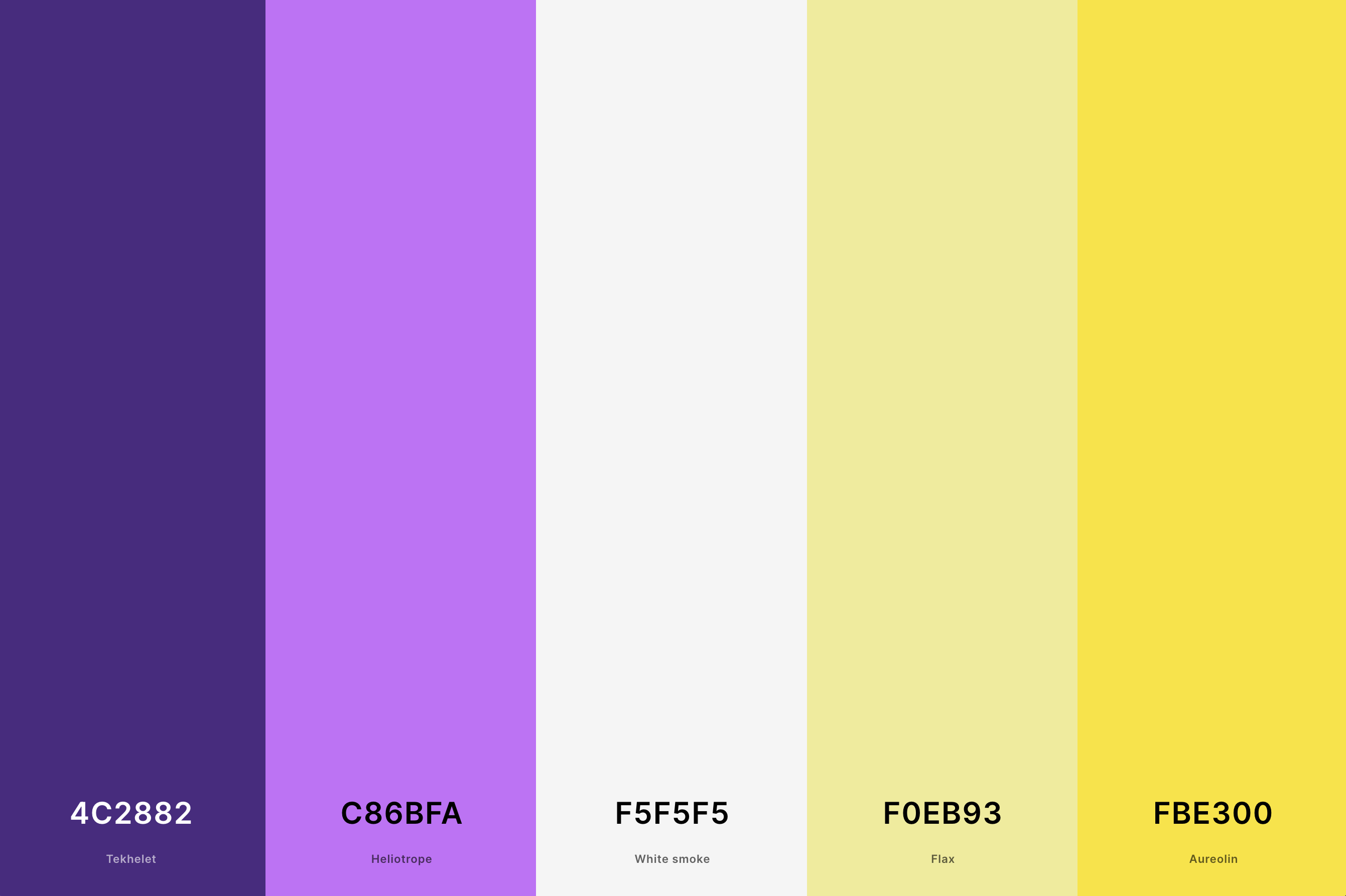 9. Purple And Yellow Color Palette Color Palette with Tekhelet (Hex #4C2882) + Heliotrope (Hex #C86BFA) + White Smoke (Hex #F5F5F5) + Flax (Hex #F0EB93) + Aureolin (Hex #FBE300) Color Palette with Hex Codes