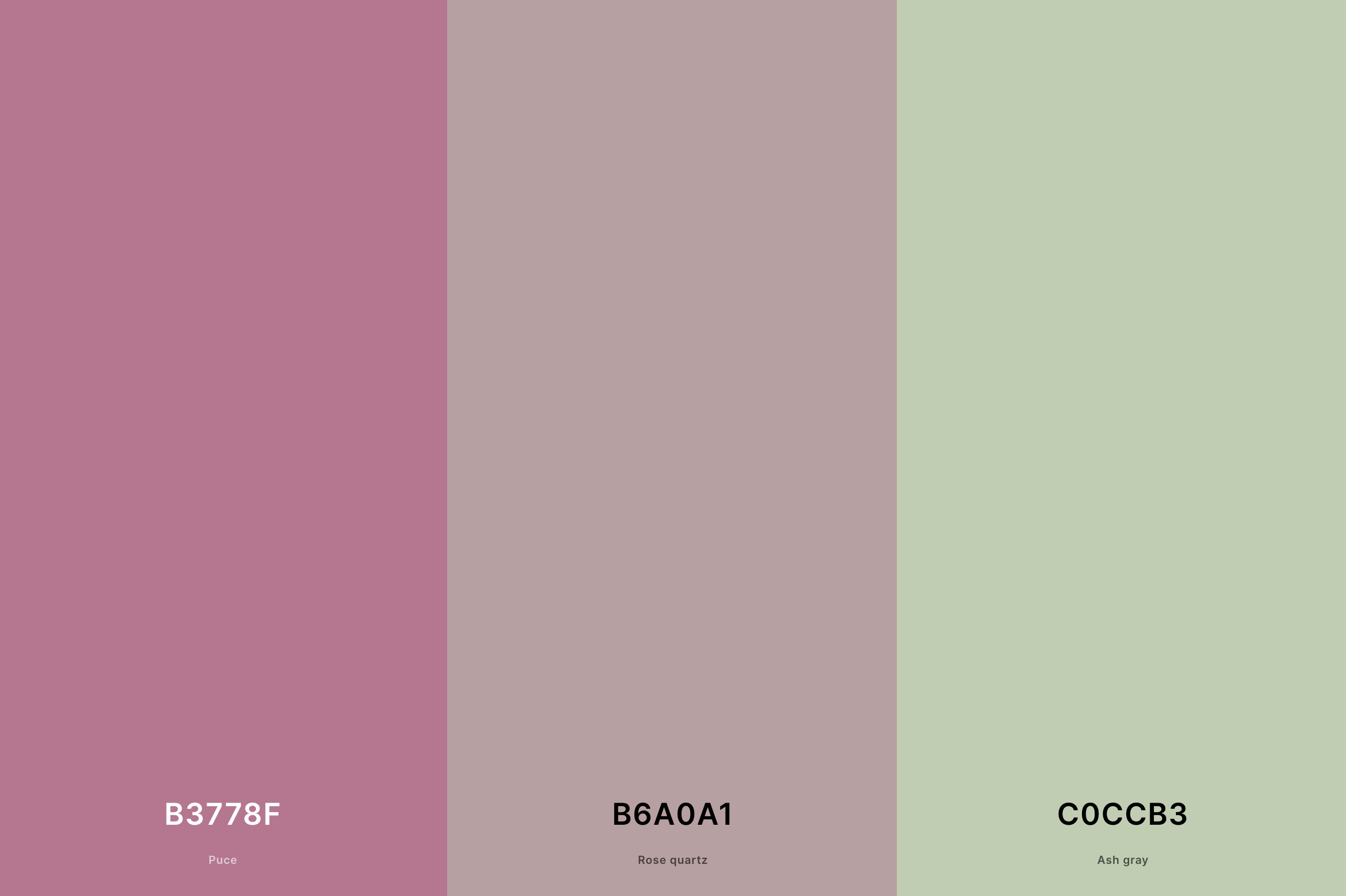 9. Purple and Pastel Green Palette Color Palette with Puce (Hex #B3778F) + Rose Quartz (Hex #B6A0A1) + Ash Gray (Hex #C0CCB3) with Hex Codes