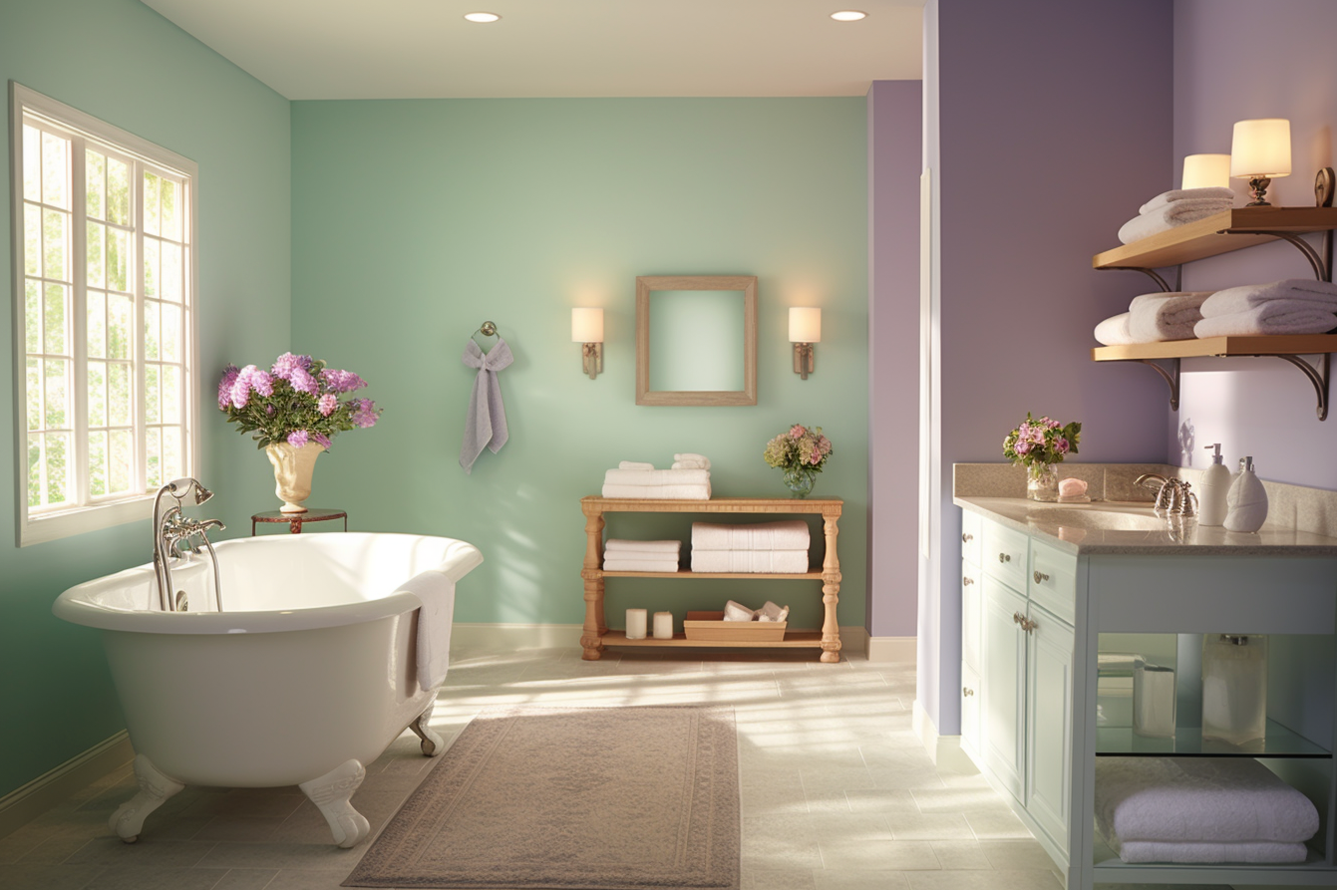 9. Purple and Pastel Green Scheme. A bathroom that doubles as a tranquil spa, with pastel green walls and deep purple accents.