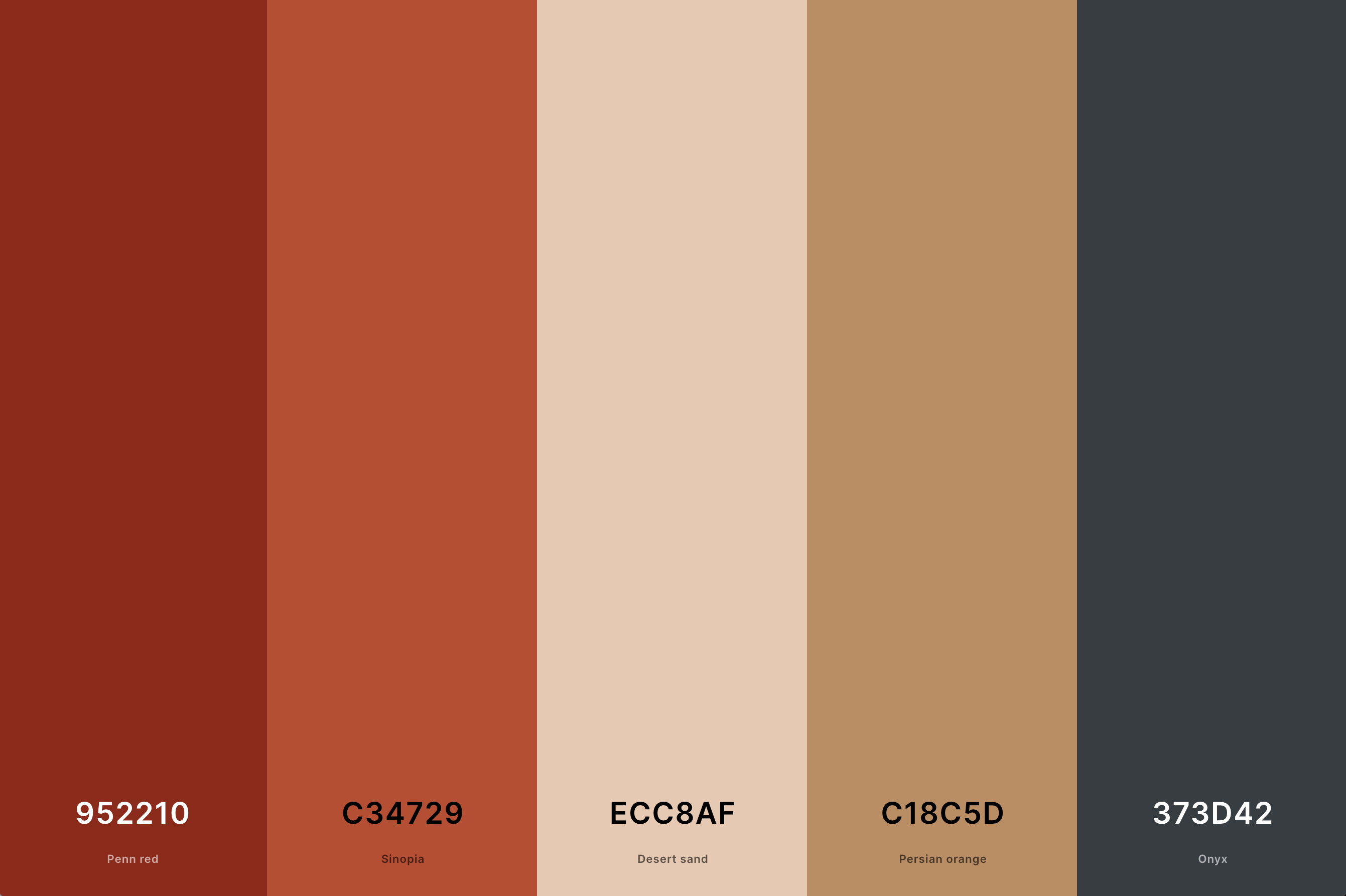 9. Red Brick Color Palette Color Palette with Penn Red (Hex #952210) + Sinopia (Hex #C34729) + Desert Sand (Hex #ECC8AF) + Persian Orange (Hex #C18C5D) + Onyx (Hex #373D42) Color Palette with Hex Codes