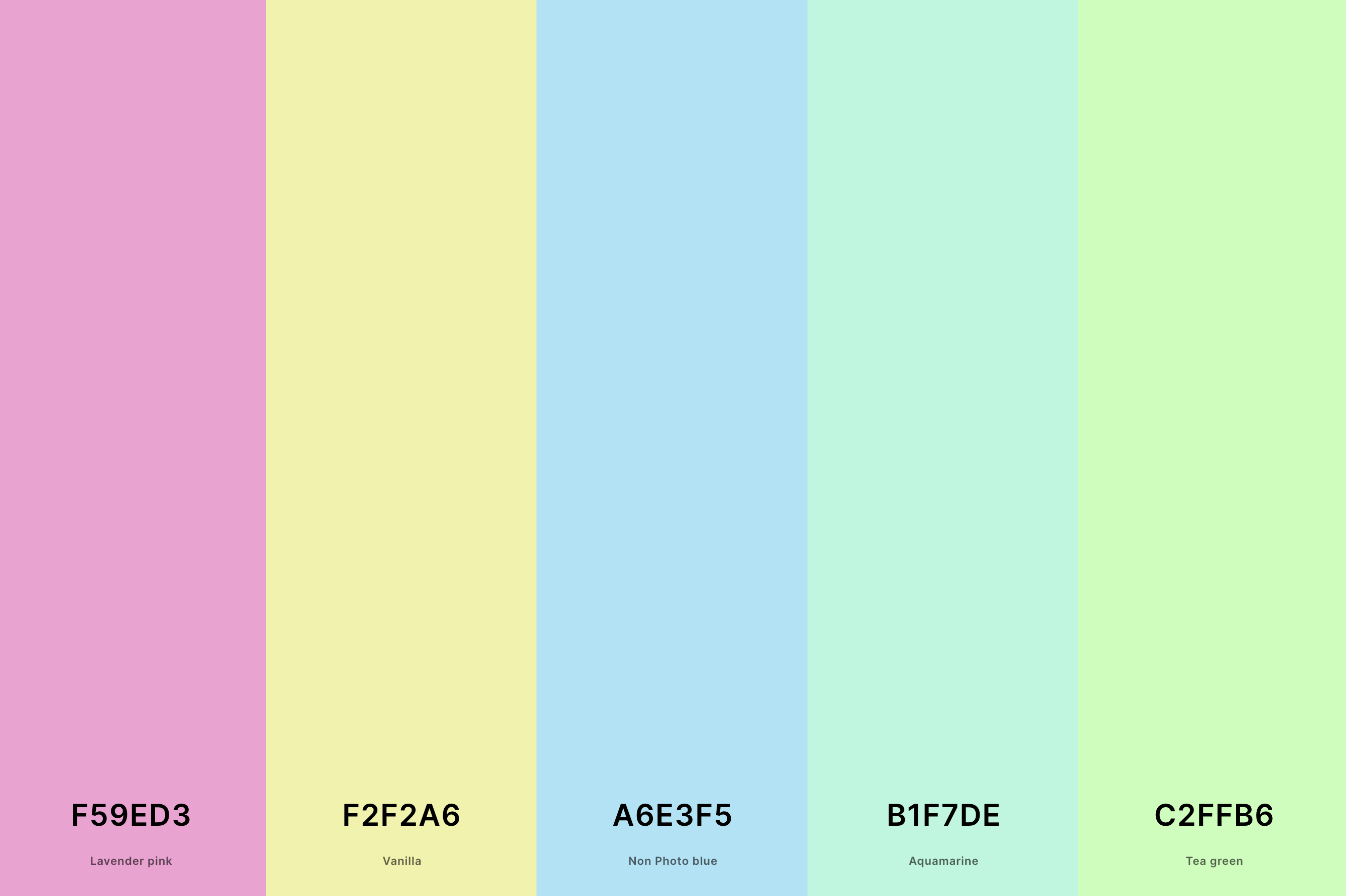 9. Retro Pastel Color Palette Color Palette with Lavender Pink (Hex #F59ED3) + Vanilla (Hex #F2F2A6) + Non Photo Blue (Hex #A6E3F5) + Aquamarine (Hex #B1F7DE) + Tea Green (Hex #C2FFB6) Color Palette with Hex Codes