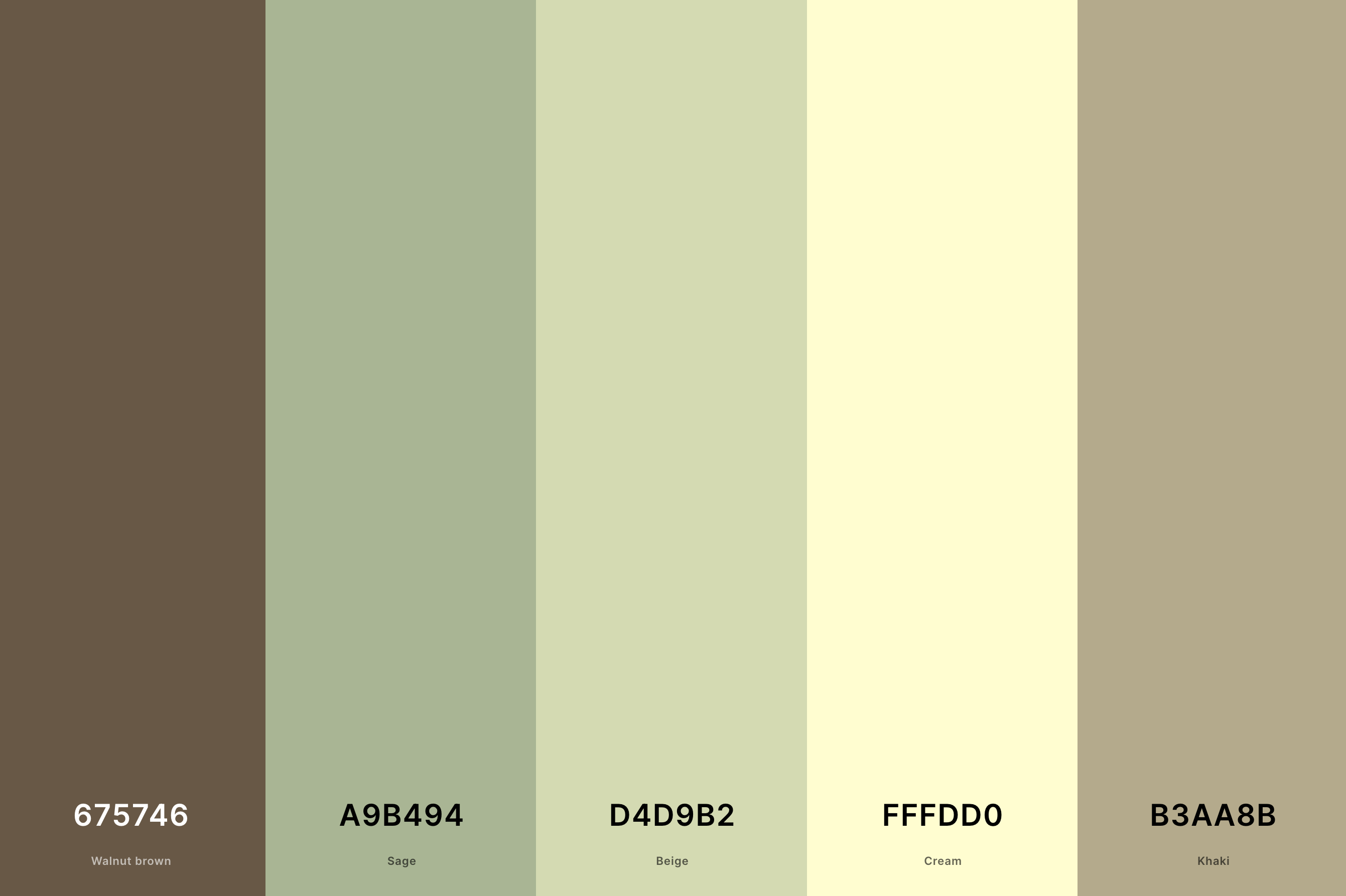 9. Sage Green And Cream Color Palette Color Palette with Walnut Brown (Hex #675746) + Sage (Hex #A9B494) + Beige (Hex #D4D9B2) + Cream (Hex #FFFDD0) + Khaki (Hex #B3AA8B) Color Palette with Hex Codes