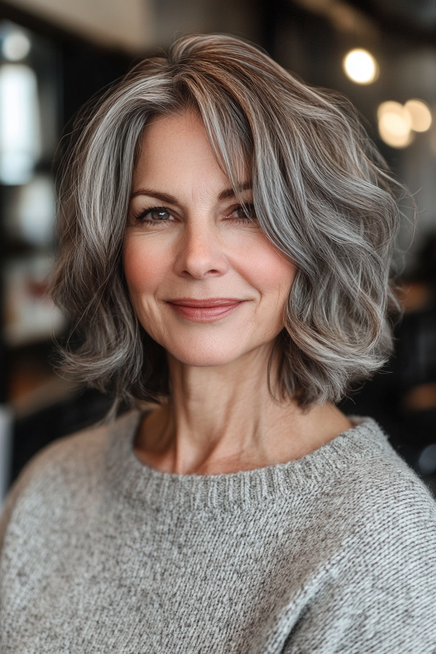 9. Salt-and-Pepper Textured Cut (Mid Length Haircuts For Women Over 60) - Mid Length Haircuts For Women Over 60