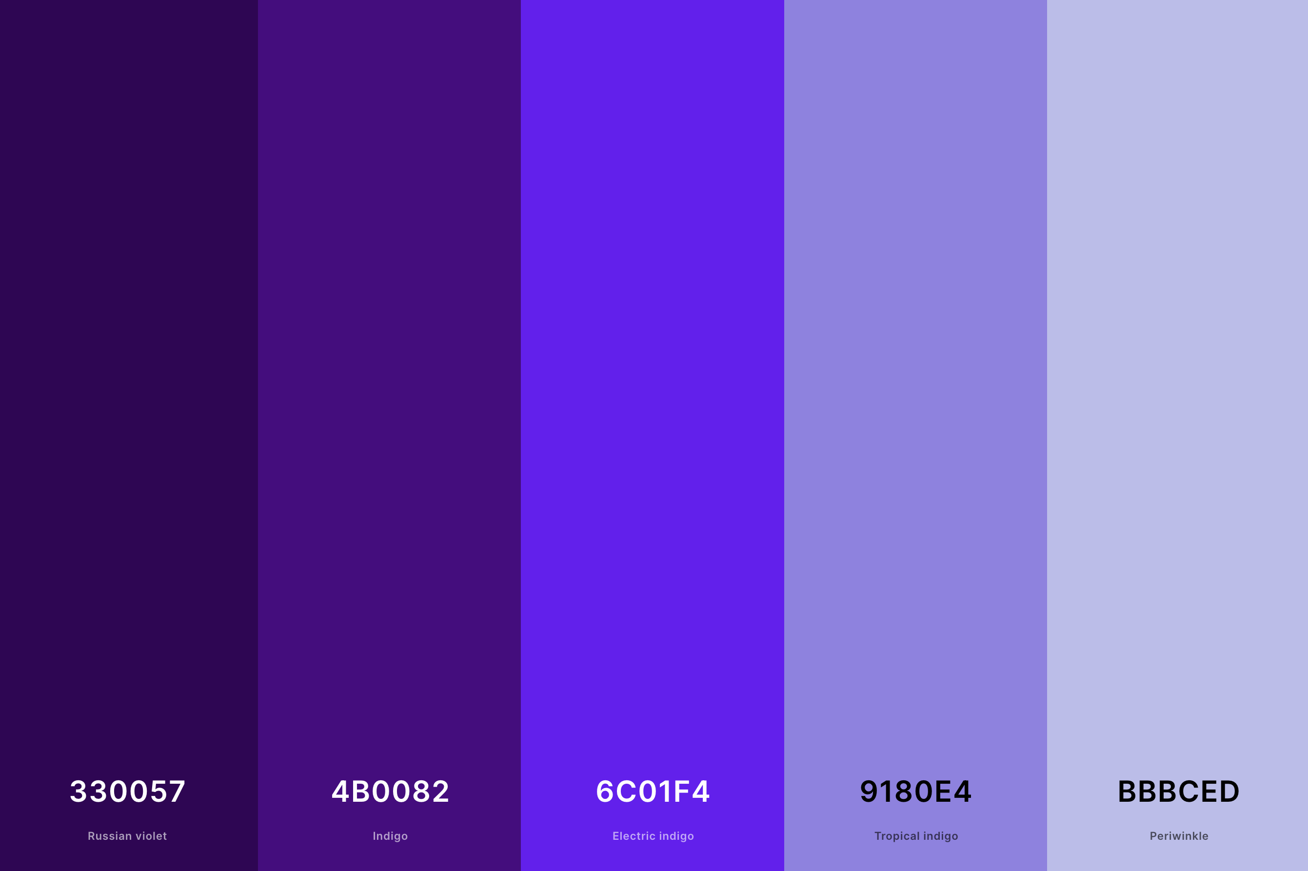 9. Shades Of Indigo Color Palette Color Palette with Russian Violet (Hex #330057) + Indigo (Hex #4B0082) + Electric Indigo (Hex #6C01F4) + Tropical Indigo (Hex #9180E4) + Periwinkle (Hex #BBBCED) Color Palette with Hex Codes