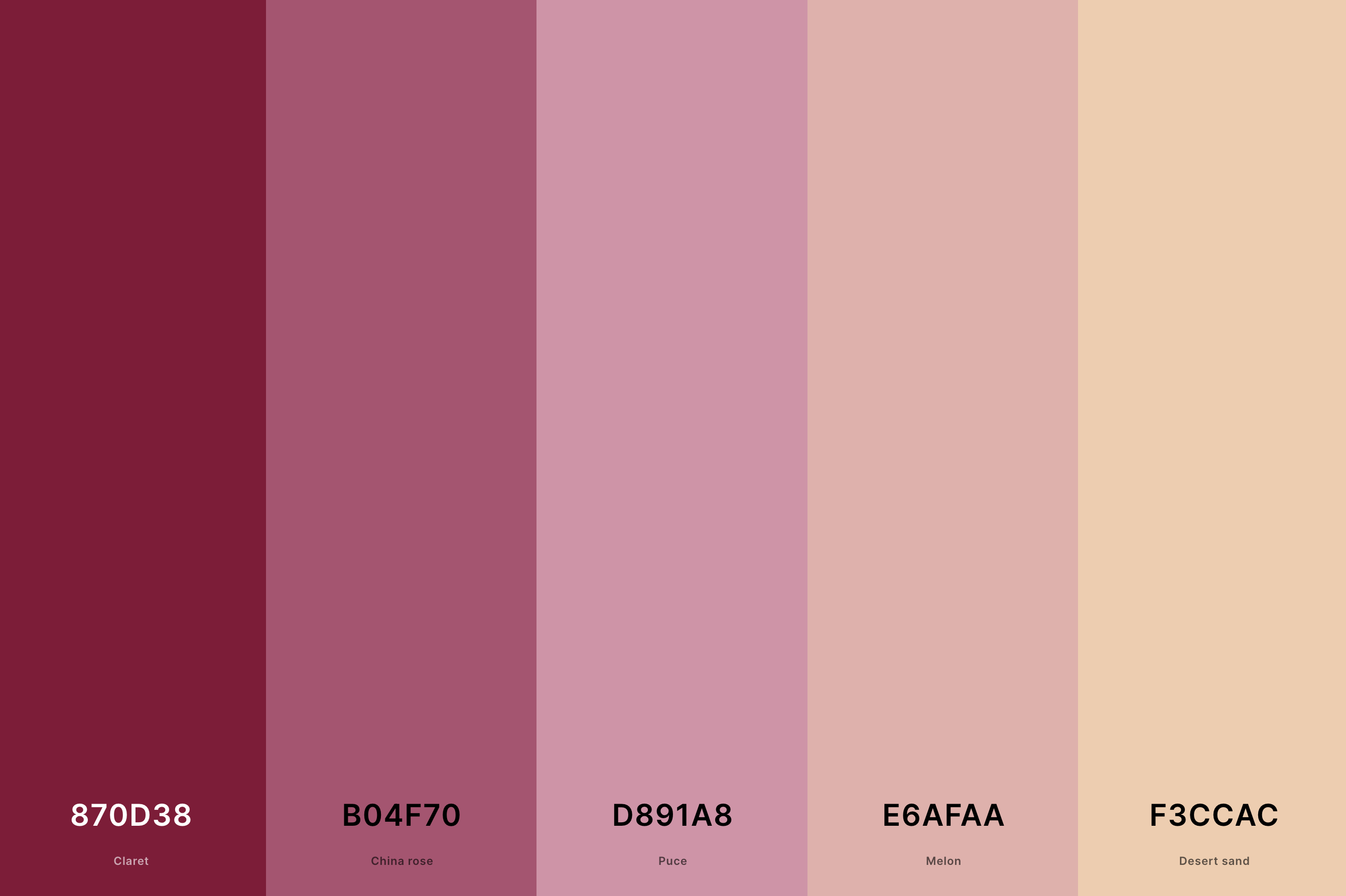 9. Sunset Wedding Color Palette Color Palette with Claret (Hex #870D38) + China Rose (Hex #B04F70) + Puce (Hex #D891A8) + Melon (Hex #E6AFAA) + Desert Sand (Hex #F3CCAC) Color Palette with Hex Codes