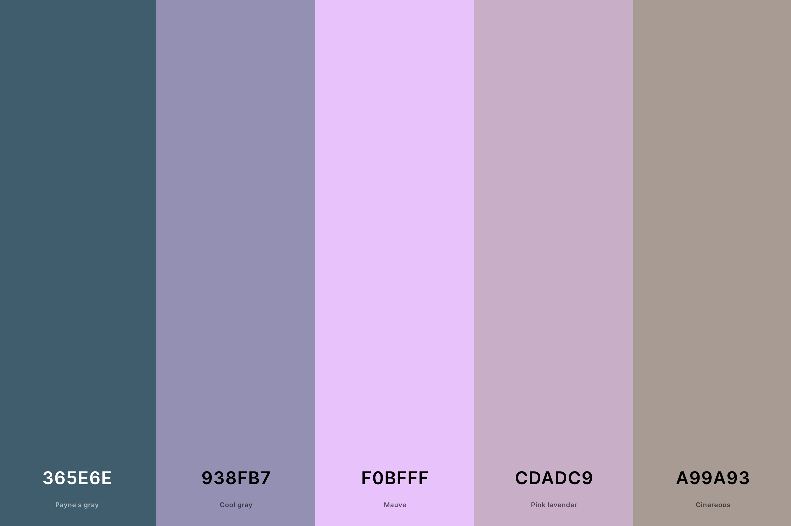 9. Vintage Mauve Color Palette Color Palette with Payne'S Gray (Hex #365E6E) + Cool Gray (Hex #938FB7) + Mauve (Hex #F0BFFF) + Pink Lavender (Hex #CDADC9) + Cinereous (Hex #A99A93) Color Palette with Hex Codes