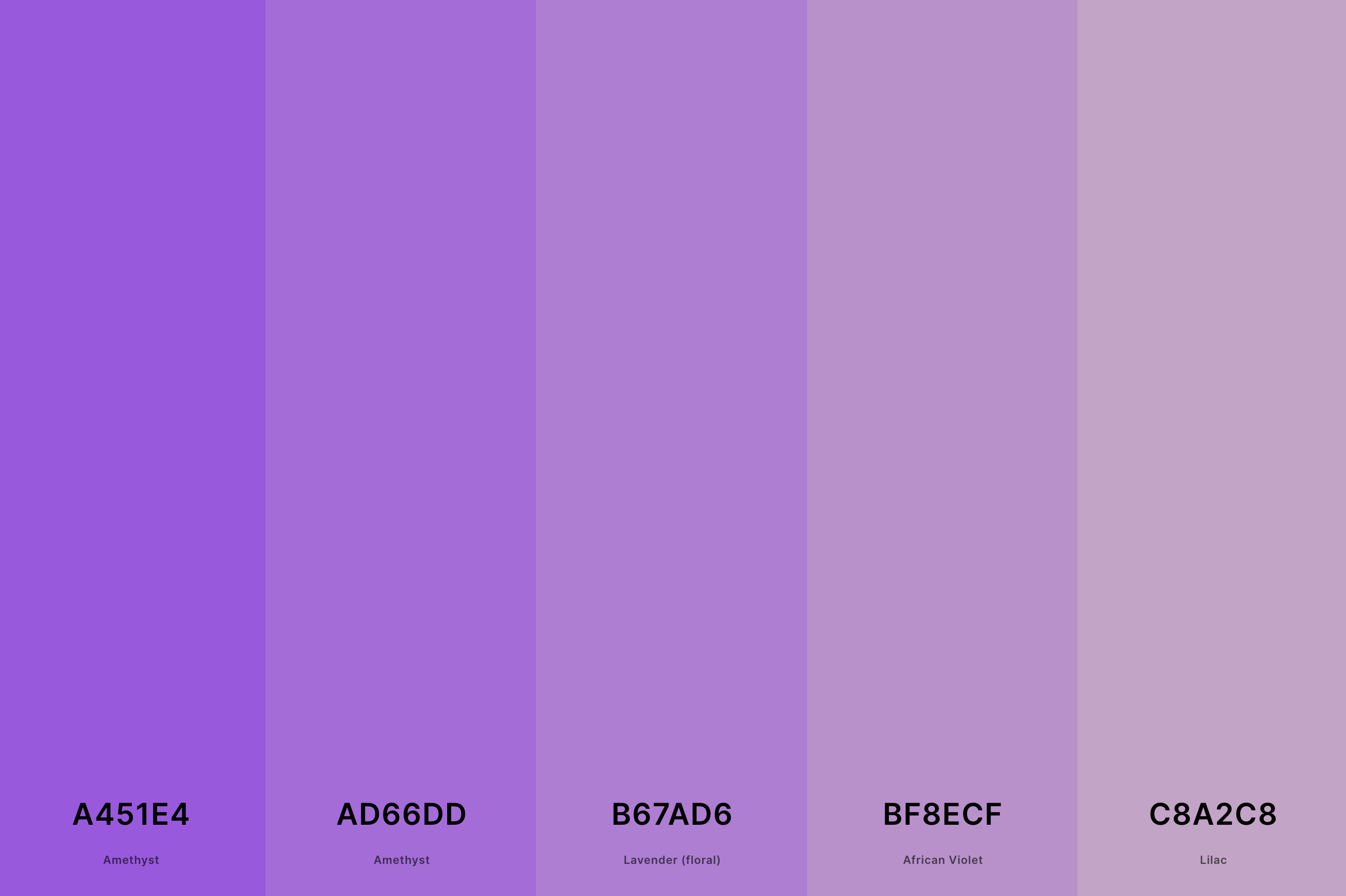 9. Violet And Lilac Color Palette Color Palette with Amethyst (Hex #A451E4) + Amethyst (Hex #AD66DD) + Lavender (Floral) (Hex #B67AD6) + African Violet (Hex #BF8ECF) + Lilac (Hex #C8A2C8) Color Palette with Hex Codes