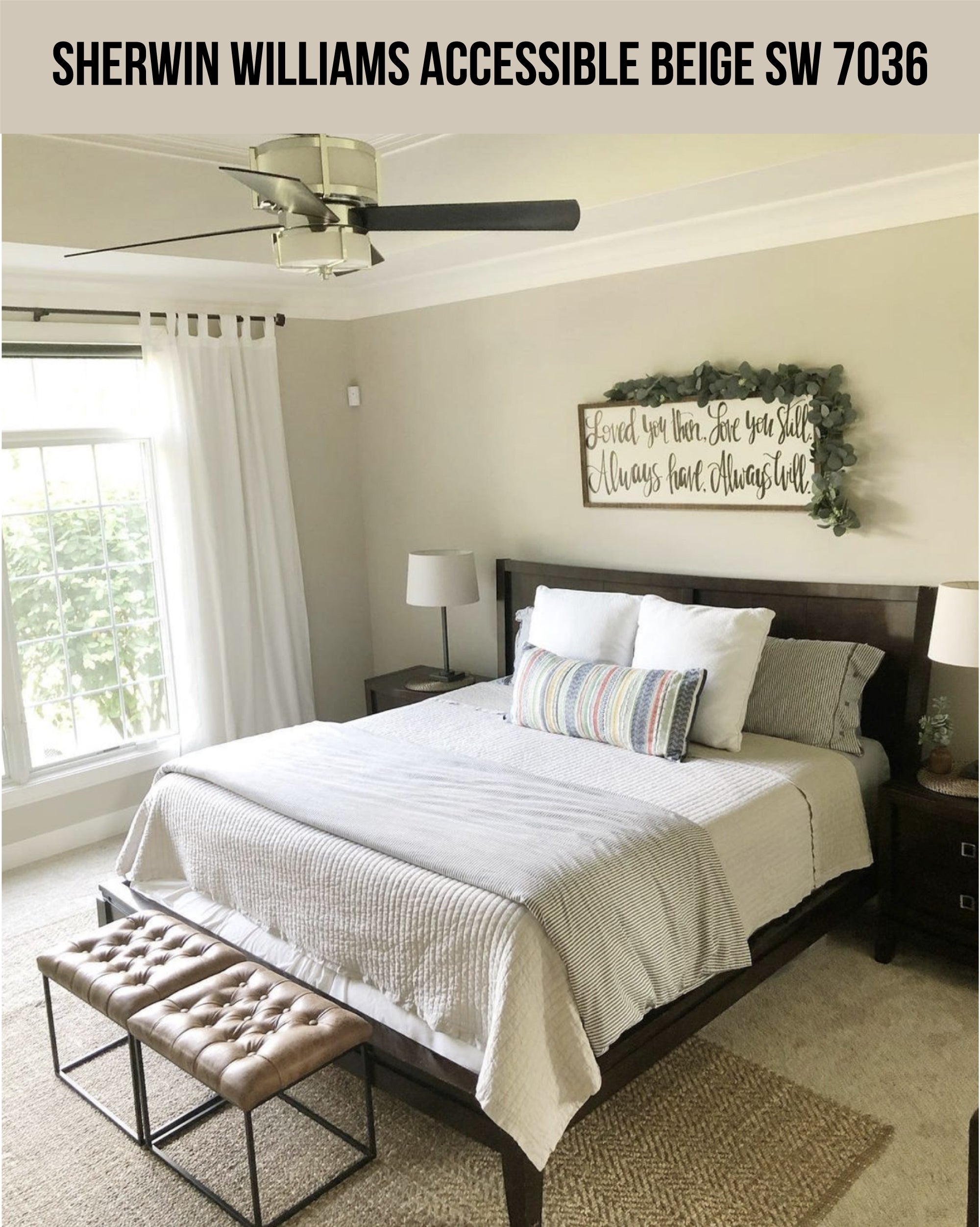 A bed with a fan and a bench and Accessible Beige wall colors (Sherwin Williams Accessible Beige SW 7036)