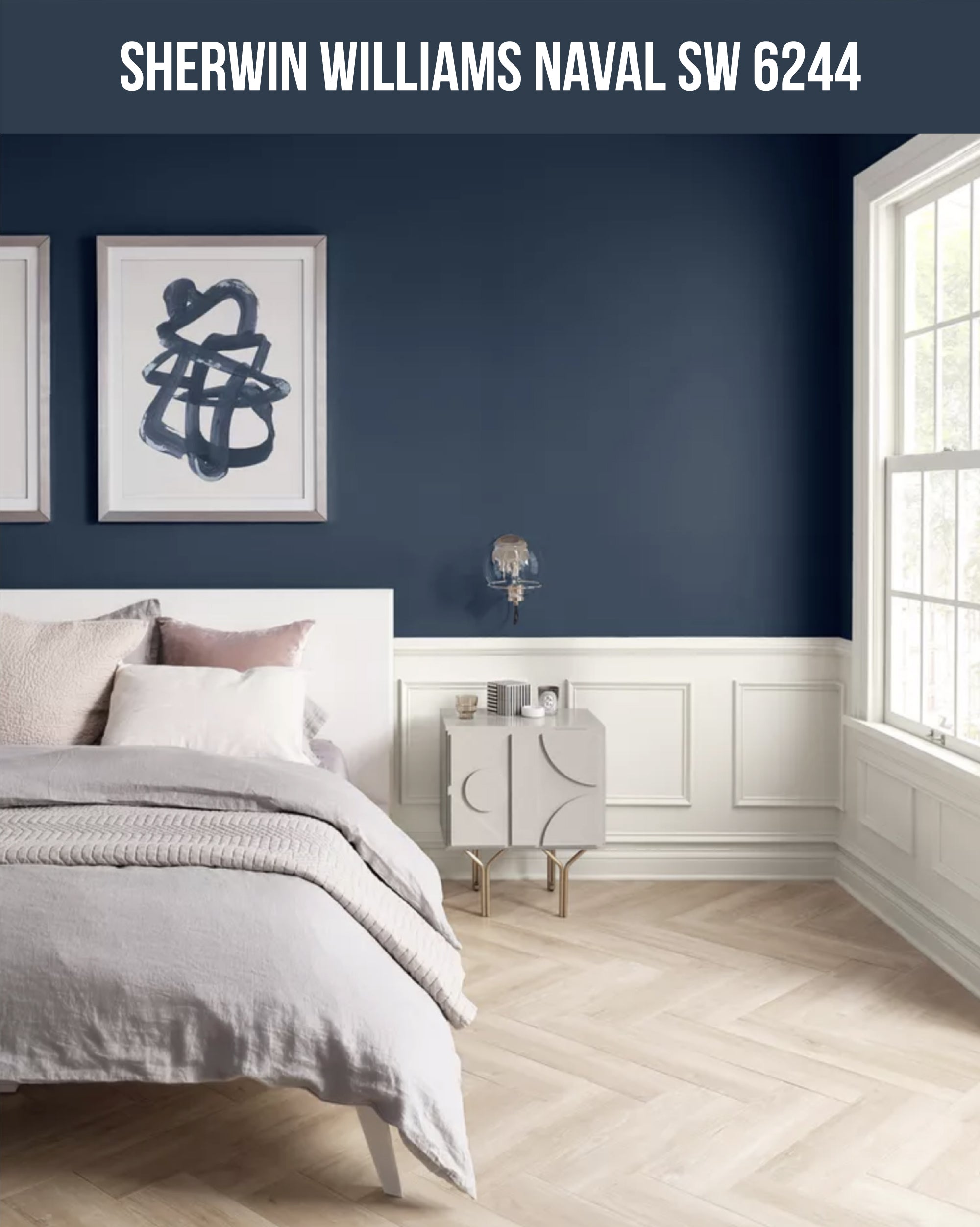 A blue painted bedroom with a bed and a nightstand (Sherwin Williams Naval SW 6244)