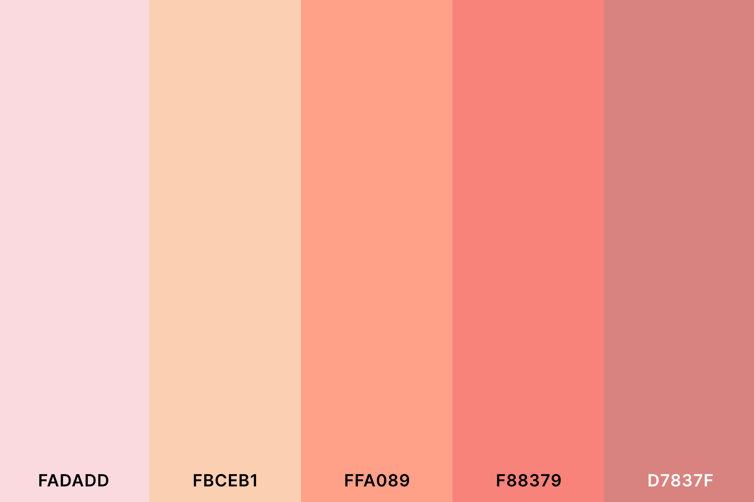 Apricot Color Palette with Misty Rose (Hex #FADADD) + Apricot (Hex #FBCEB1) + Coral Pink (Hex #FFA089) + Coral Pink (Hex #F88379) + Light Coral (Hex #D7837F) Color Palette with Hex Codes