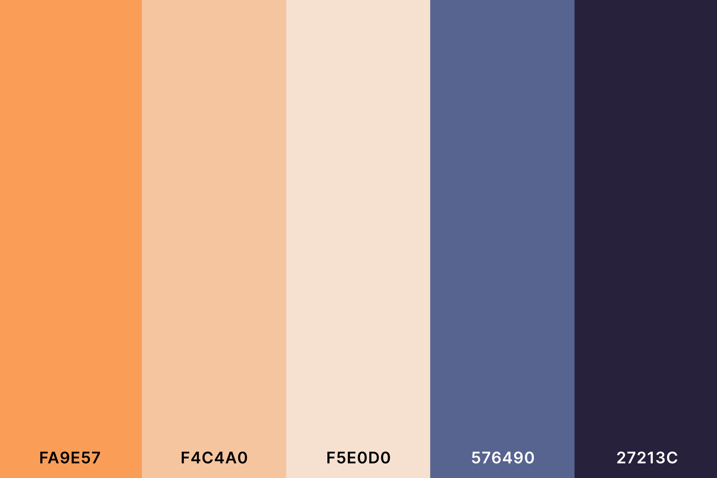 Blue and Peach Color Palette with Sandy Brown (Hex #FA9E57) + Peach (Hex #F4C4A0) + Champagne Pink (Hex #F5E0D0) + Ultra Violet (Hex #576490) + Dark Purple (Hex #27213C) Color Palette with Hex Codes