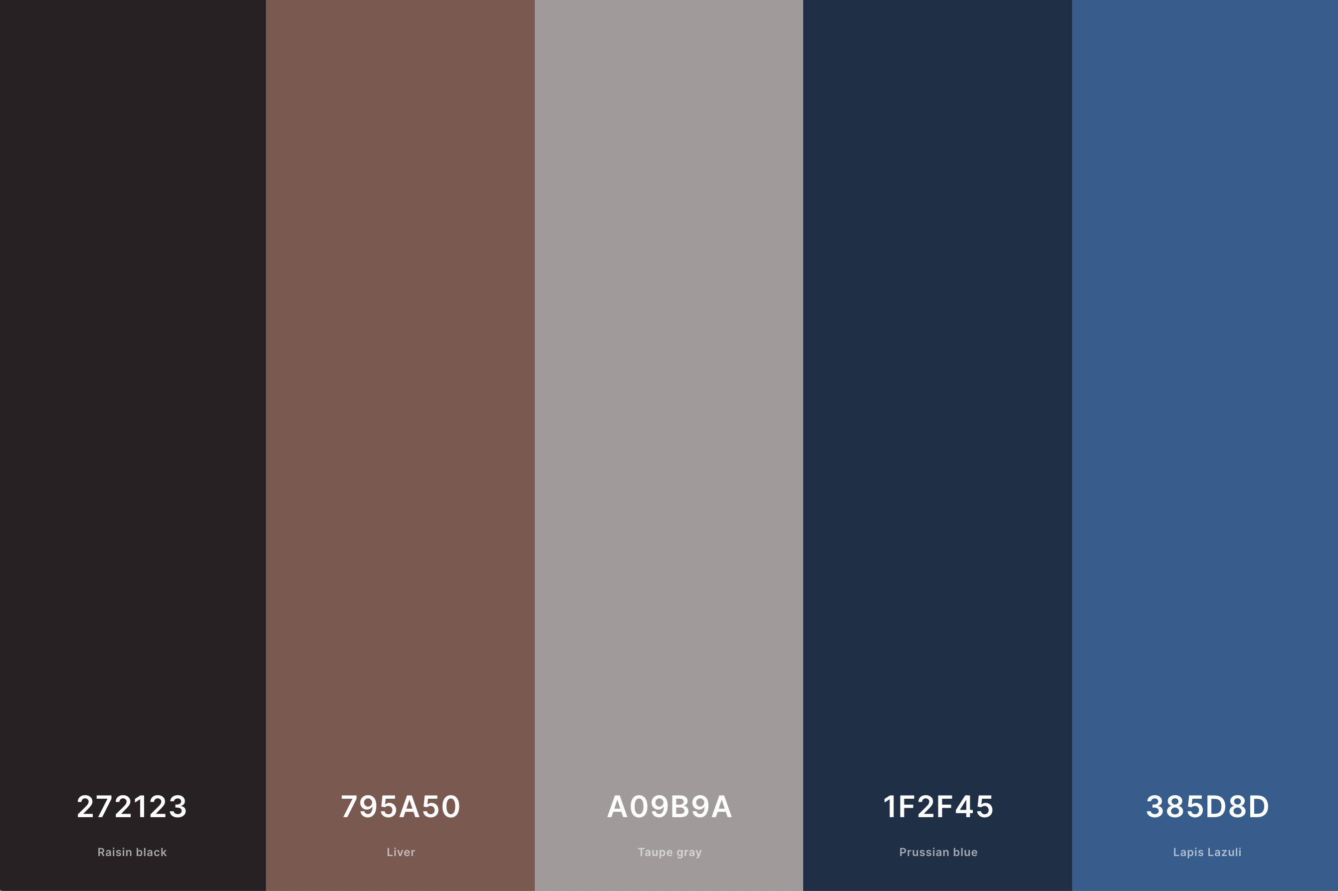 Brown & Blue Color Palette Color Palette with Raisin Black (Hex #272123) + Liver (Hex #795A50) + Taupe Gray (Hex #A09B9A) + Prussian Blue (Hex #1F2F45) + Lapis Lazuli (Hex #385D8D) Color Palette with Hex Codes
