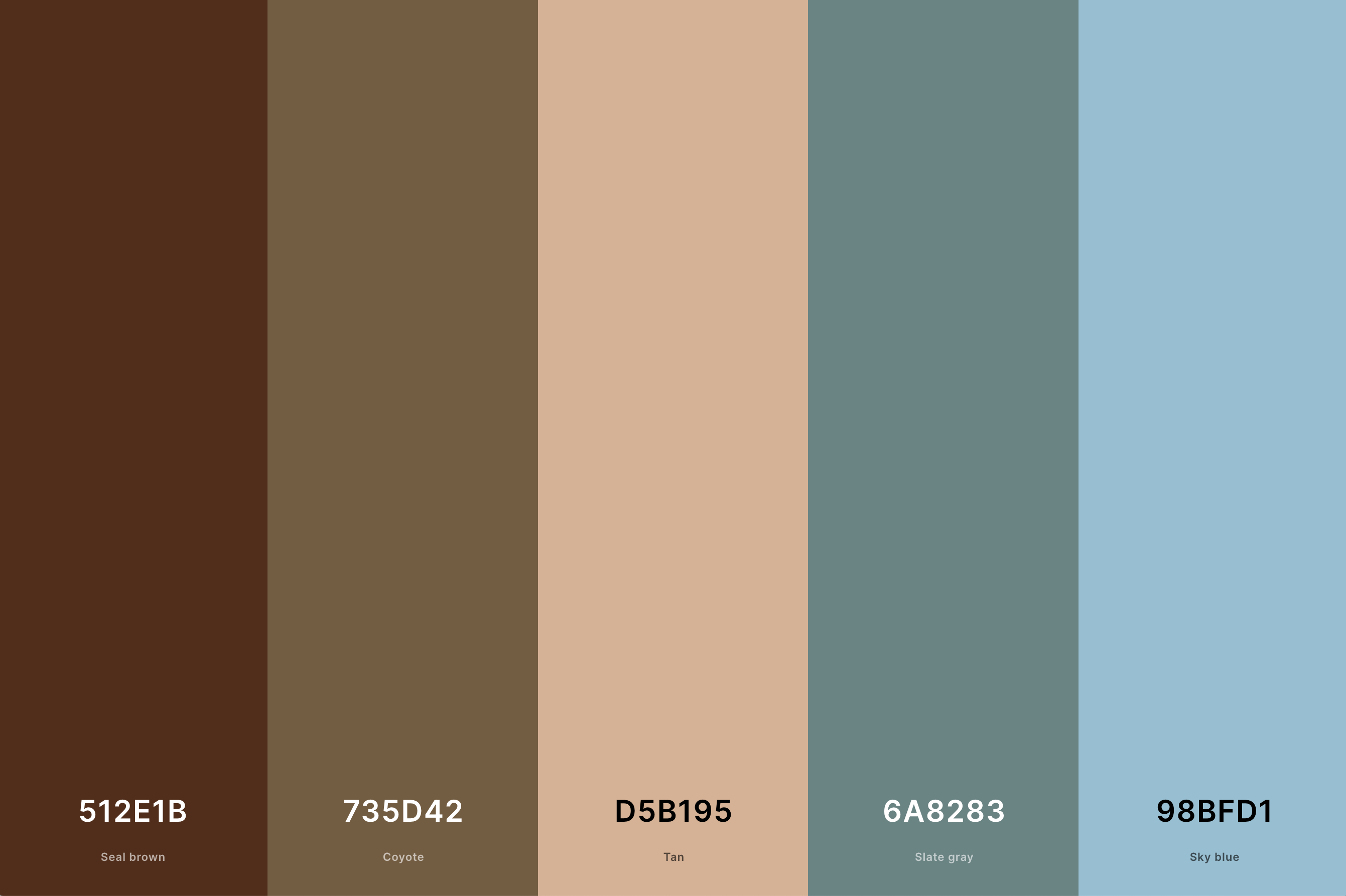 Brown & Blue Color Palette Color Palette with Seal Brown (Hex #512E1B) + Coyote (Hex #735D42) + Tan (Hex #D5B195) + Slate Gray (Hex #6A8283) + Sky Blue (Hex #98BFD1) Color Palette with Hex Codes