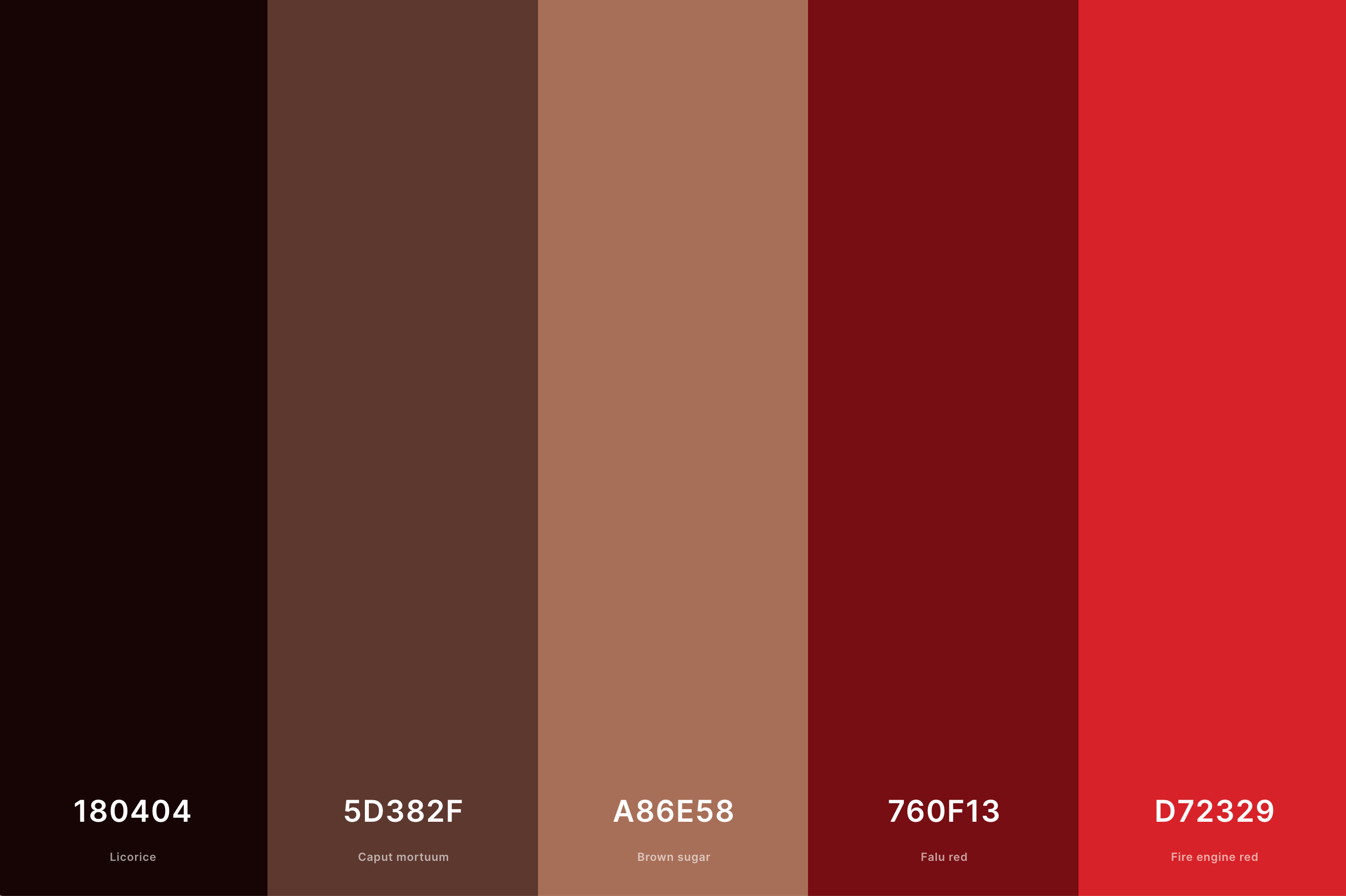 Brown & Red Color Palette Color Palette with Licorice (Hex #180404) + Caput Mortuum (Hex #5D382F) + Brown Sugar (Hex #A86E58) + Falu Red (Hex #760F13) + Fire Engine Red (Hex #D72329) Color Palette with Hex Codes