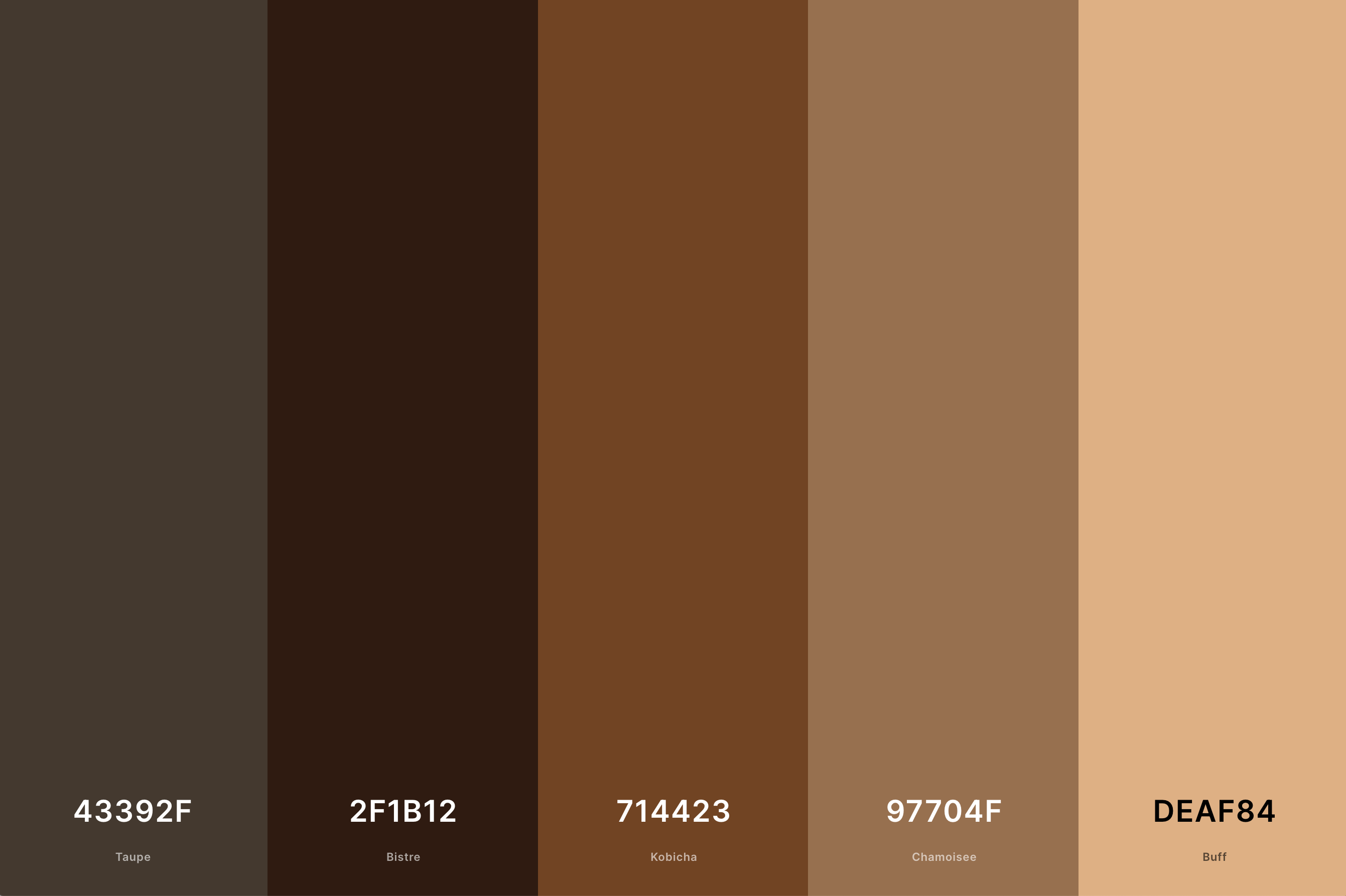 Brown and Black Color Palette Color Palette with Taupe (Hex #43392F) + Bistre (Hex #2F1B12) + Kobicha (Hex #714423) + Chamoisee (Hex #97704F) + Buff (Hex #DEAF84) Color Palette with Hex Codes